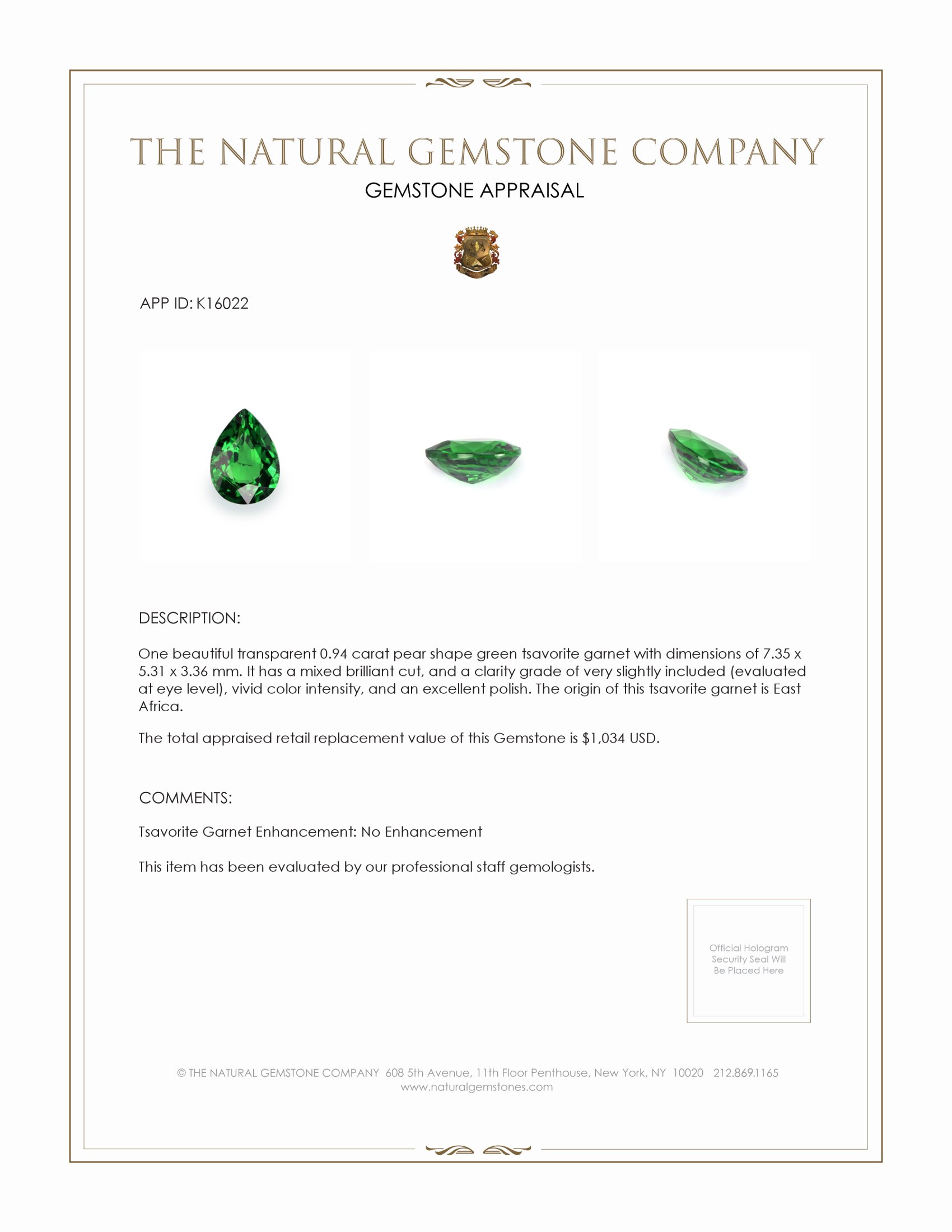 0.94 Ct. Tsavorite Garnet from East Africa