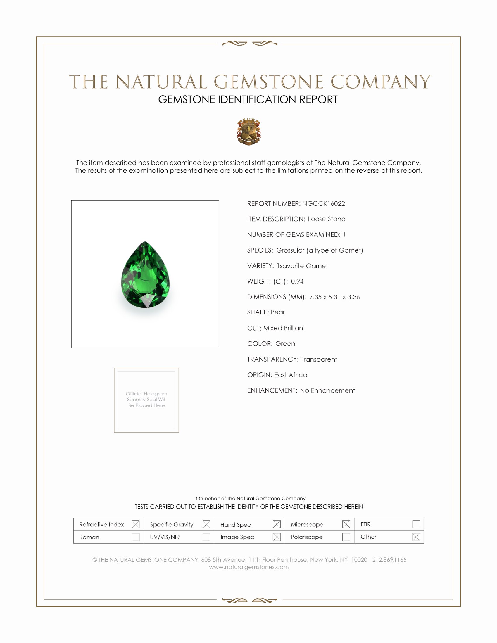 0.94 Ct. Tsavorite Garnet from East Africa