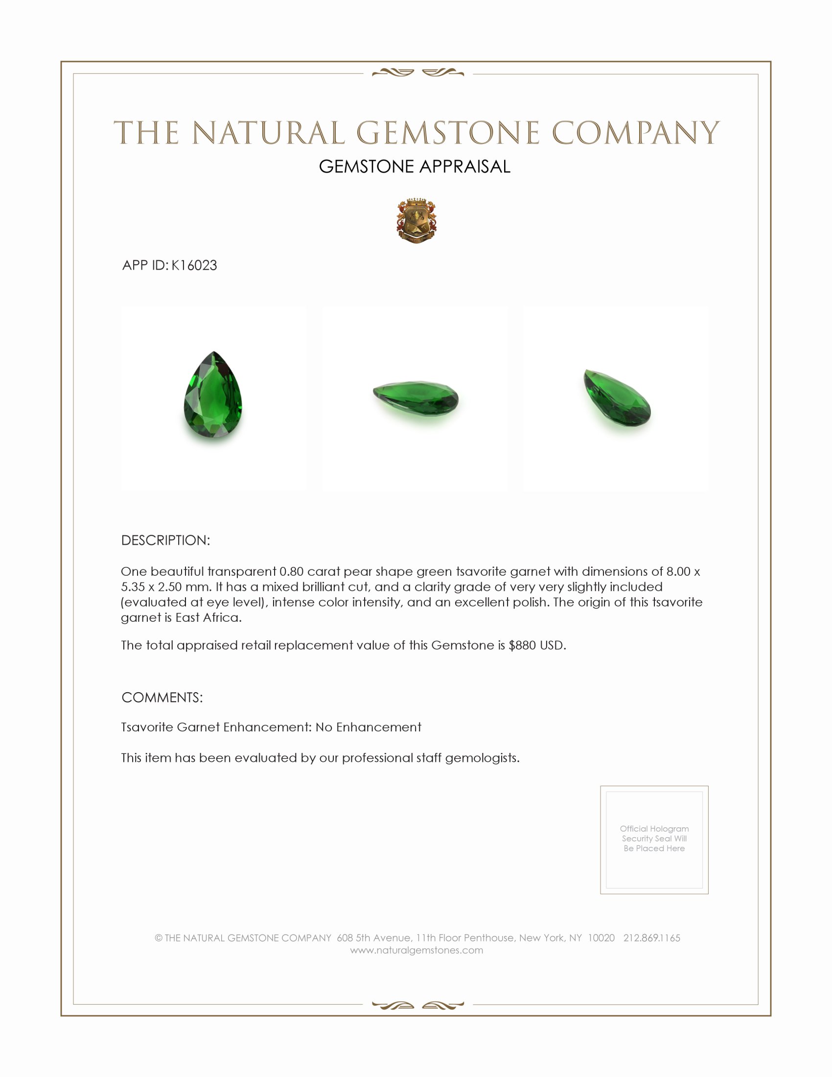 0.80 Ct. Tsavorite Garnet from East Africa