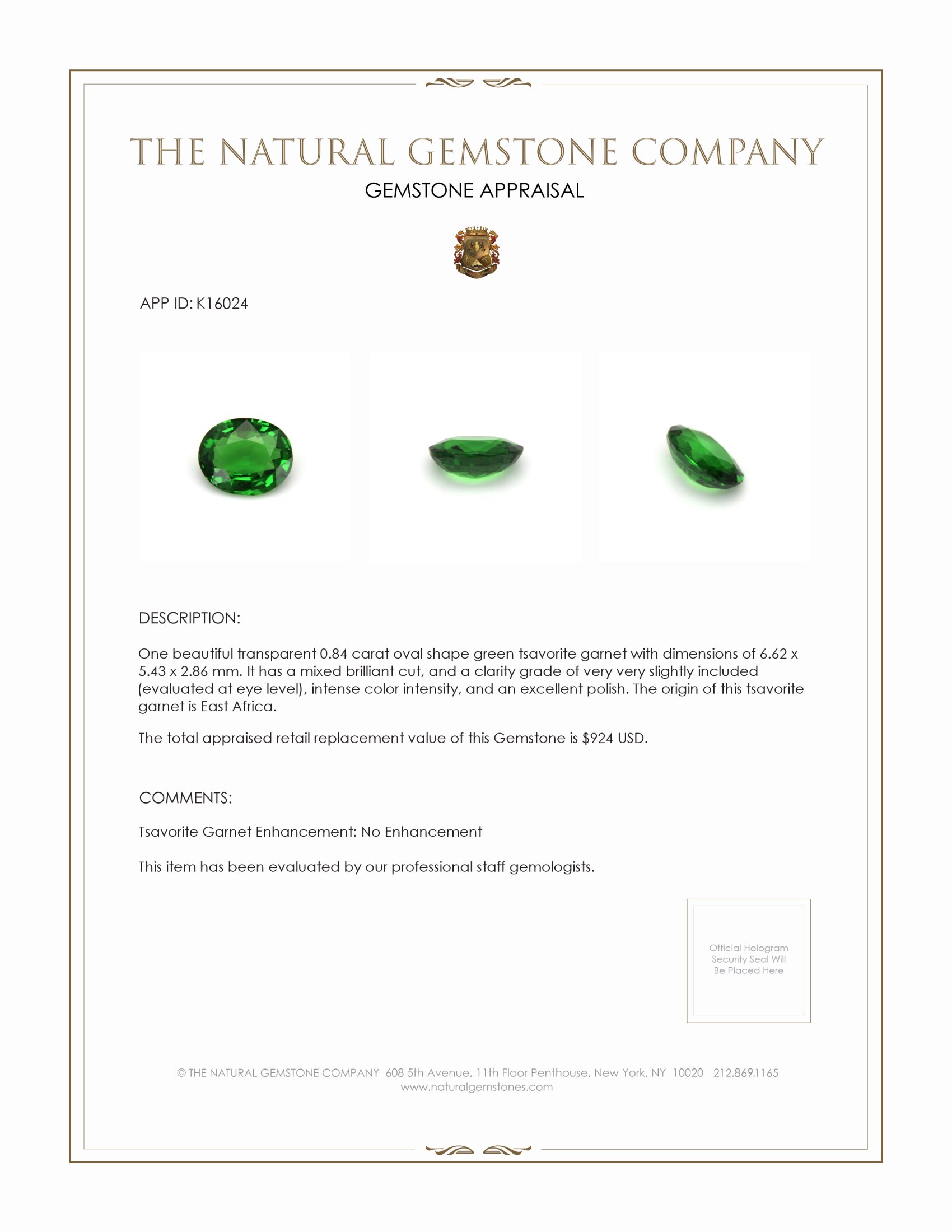 0.84 Ct. Tsavorite Garnet from East Africa
