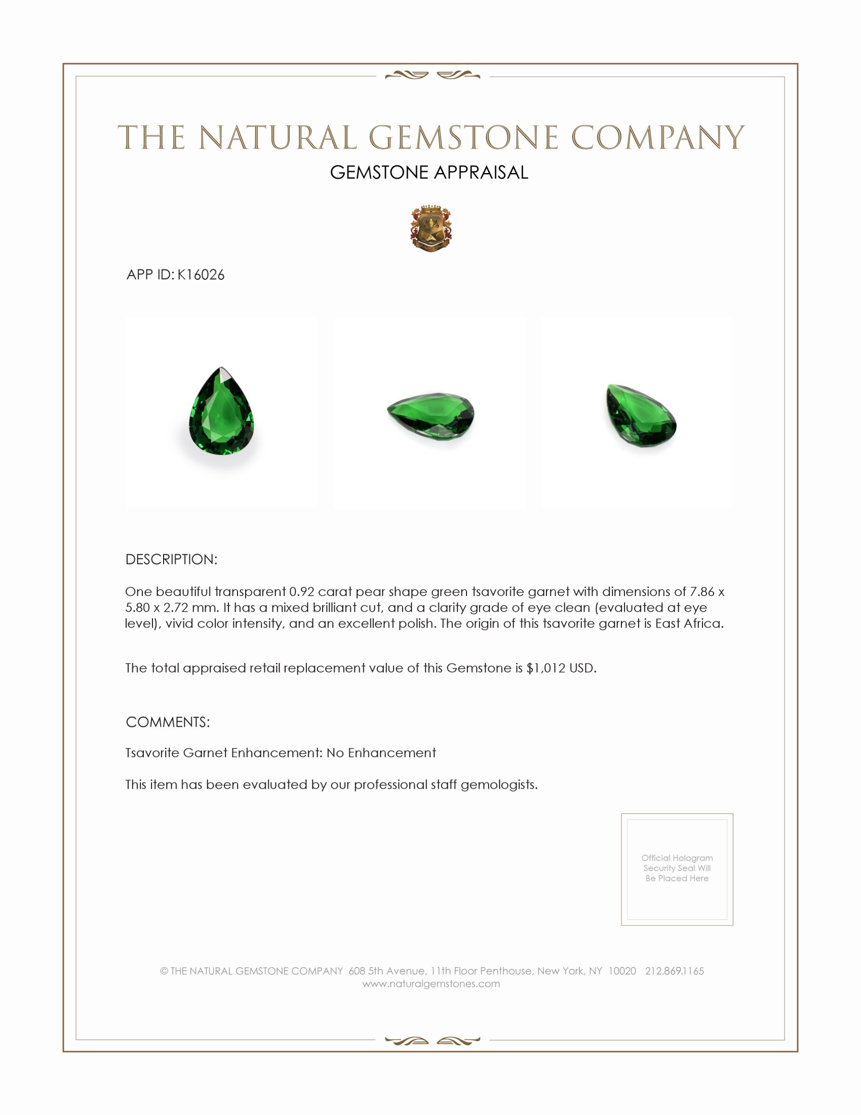 0.92 Ct. Tsavorite Garnet from East Africa