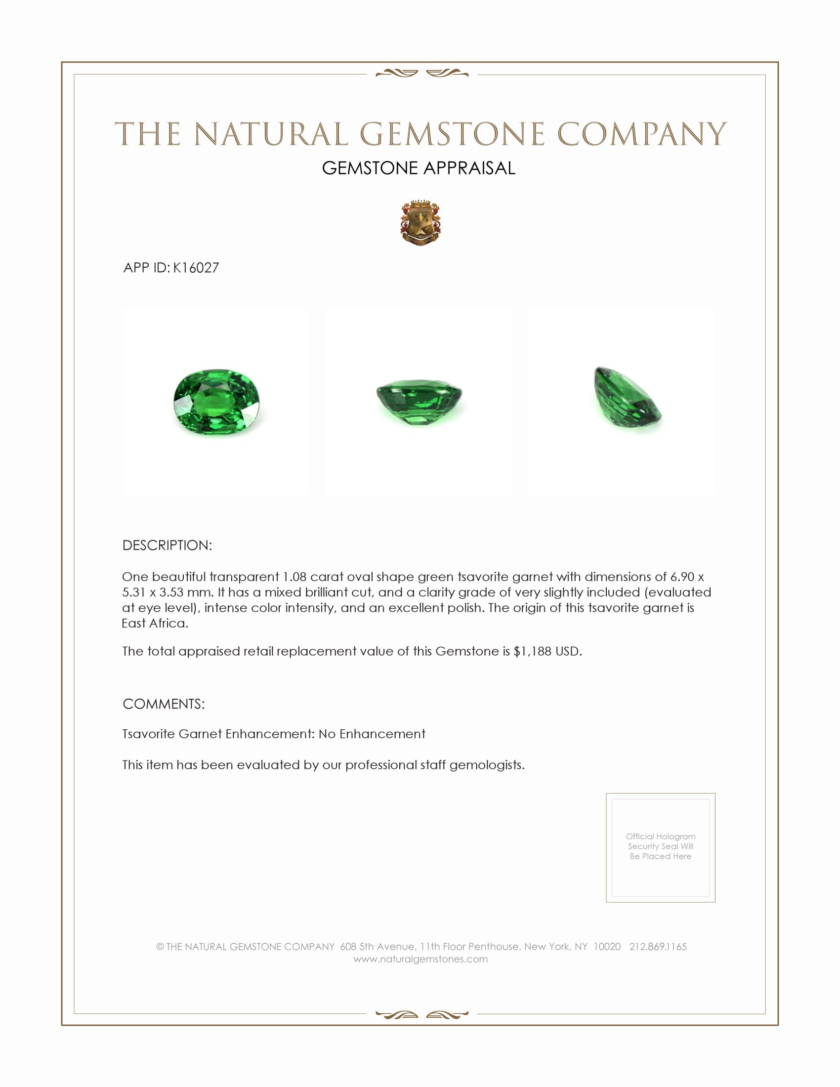 1.08 Ct. Tsavorite Garnet from East Africa
