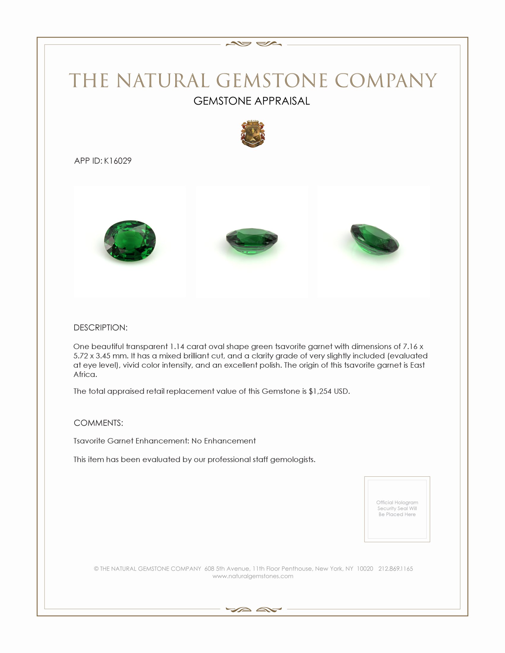 1.14 Ct. Tsavorite Garnet from East Africa