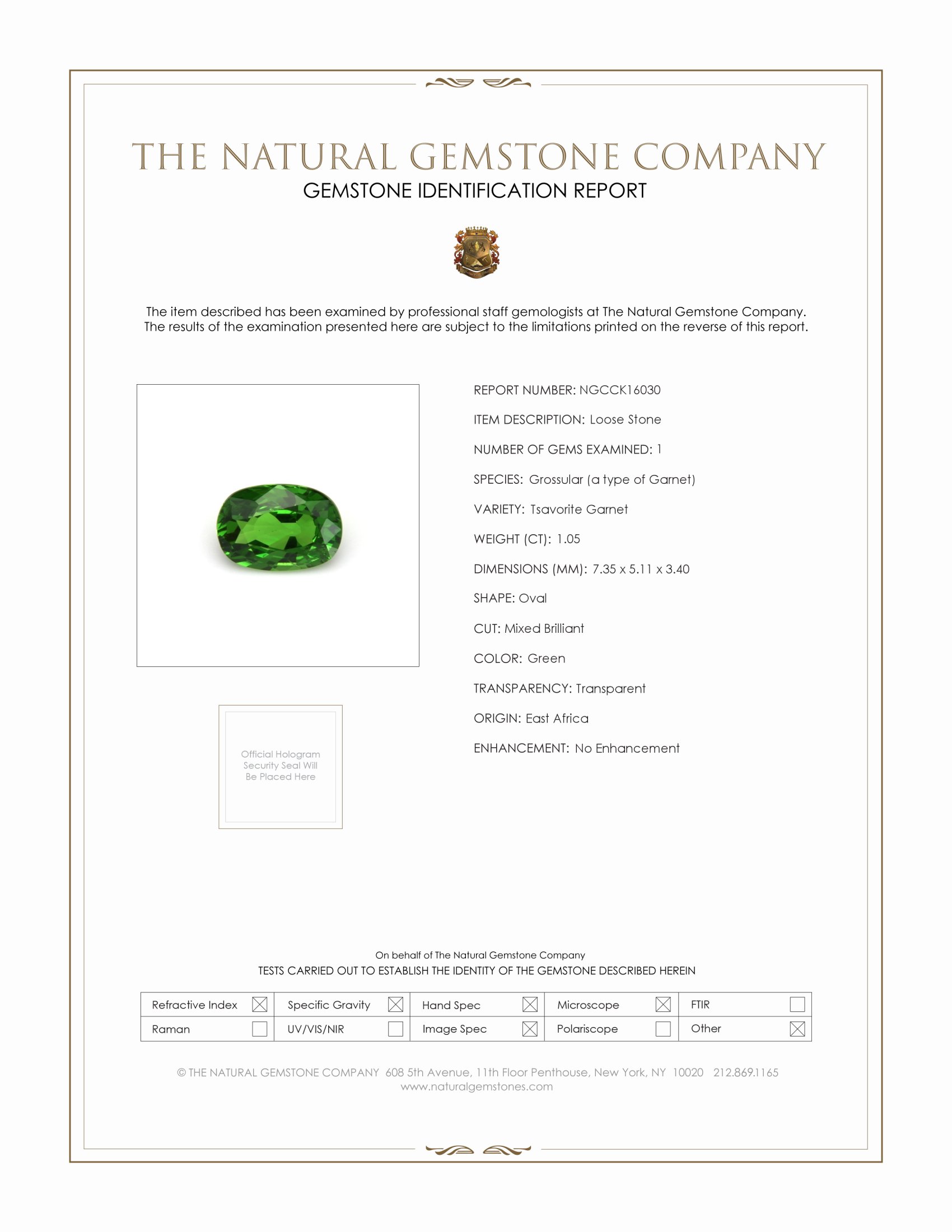 1.05 Ct. Tsavorite Garnet from East Africa
