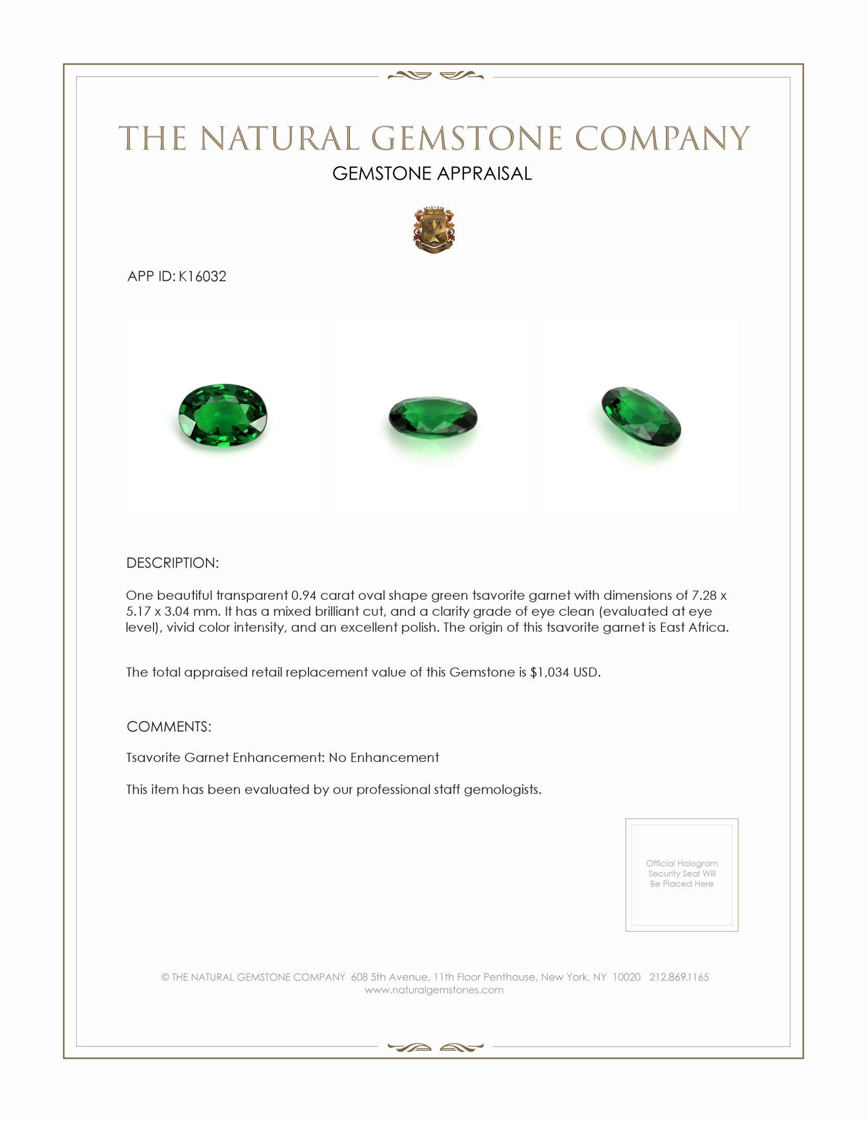 0.94 Ct. Tsavorite Garnet from East Africa