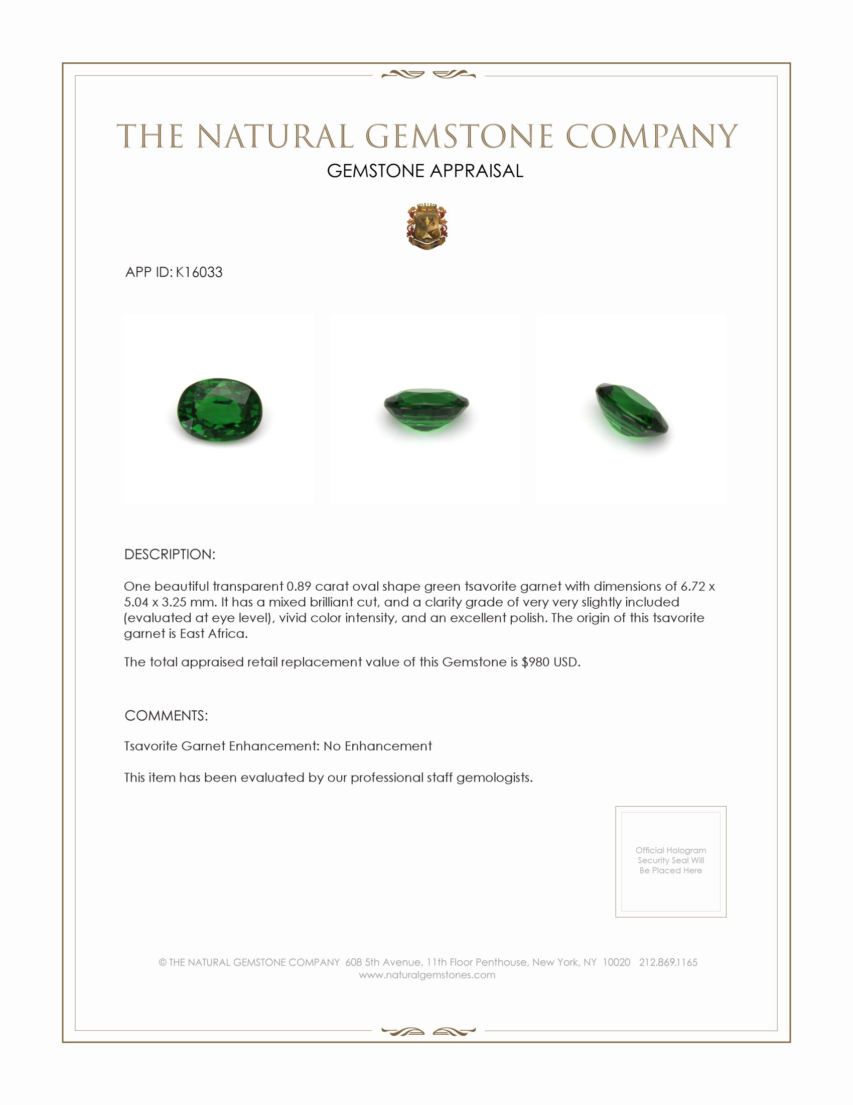0.89 Ct. Tsavorite Garnet from East Africa