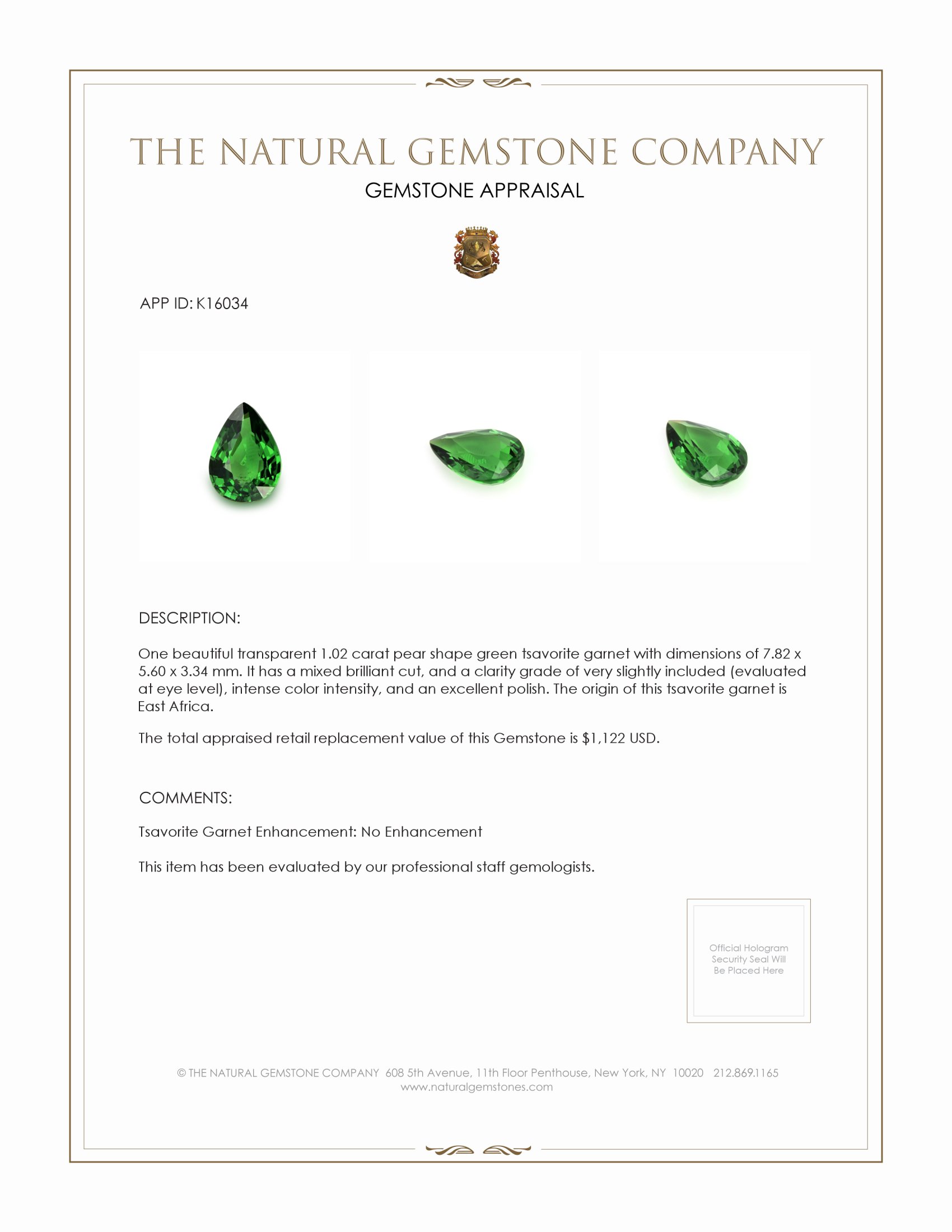 1.02 Ct. Tsavorite Garnet from East Africa