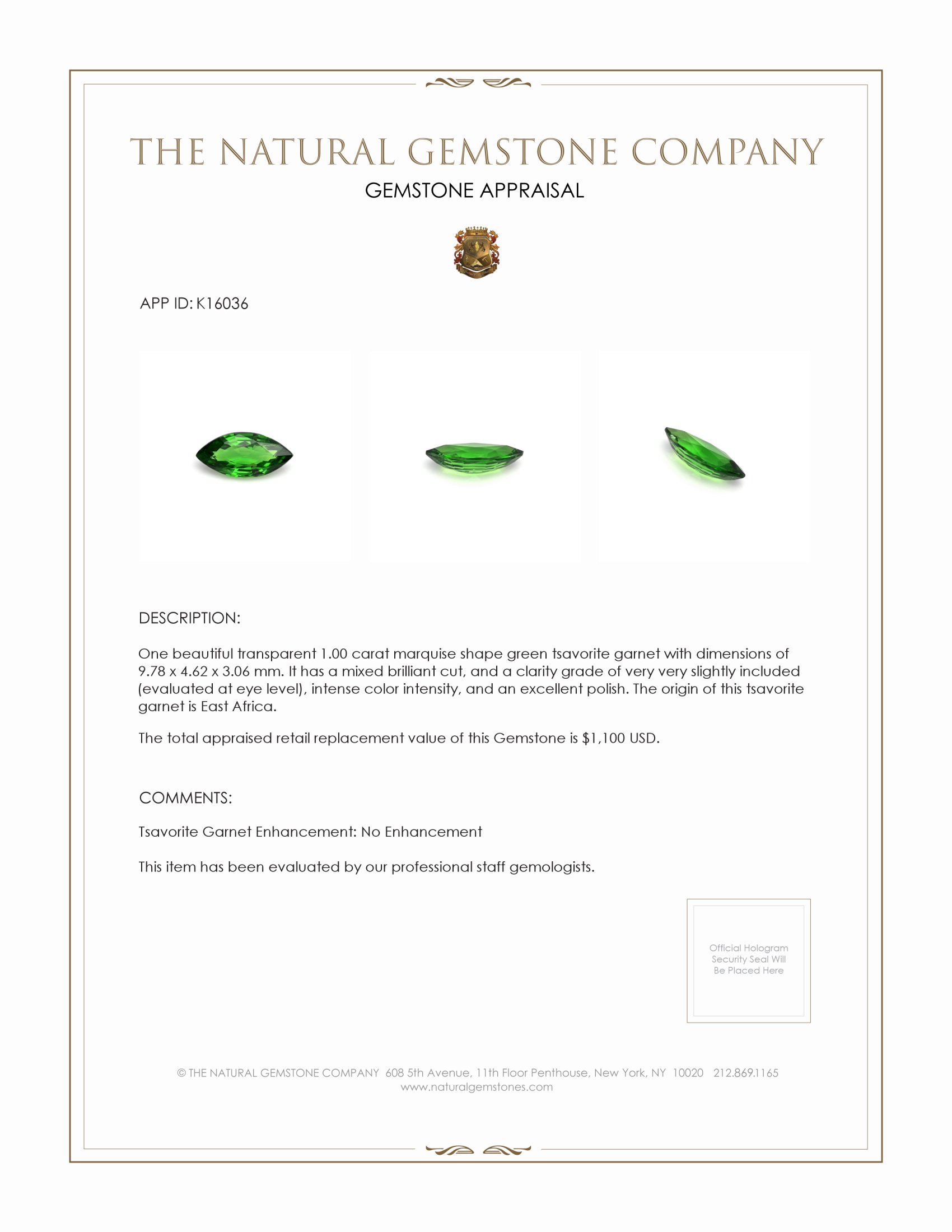 1.00 Ct. Tsavorite Garnet from East Africa
