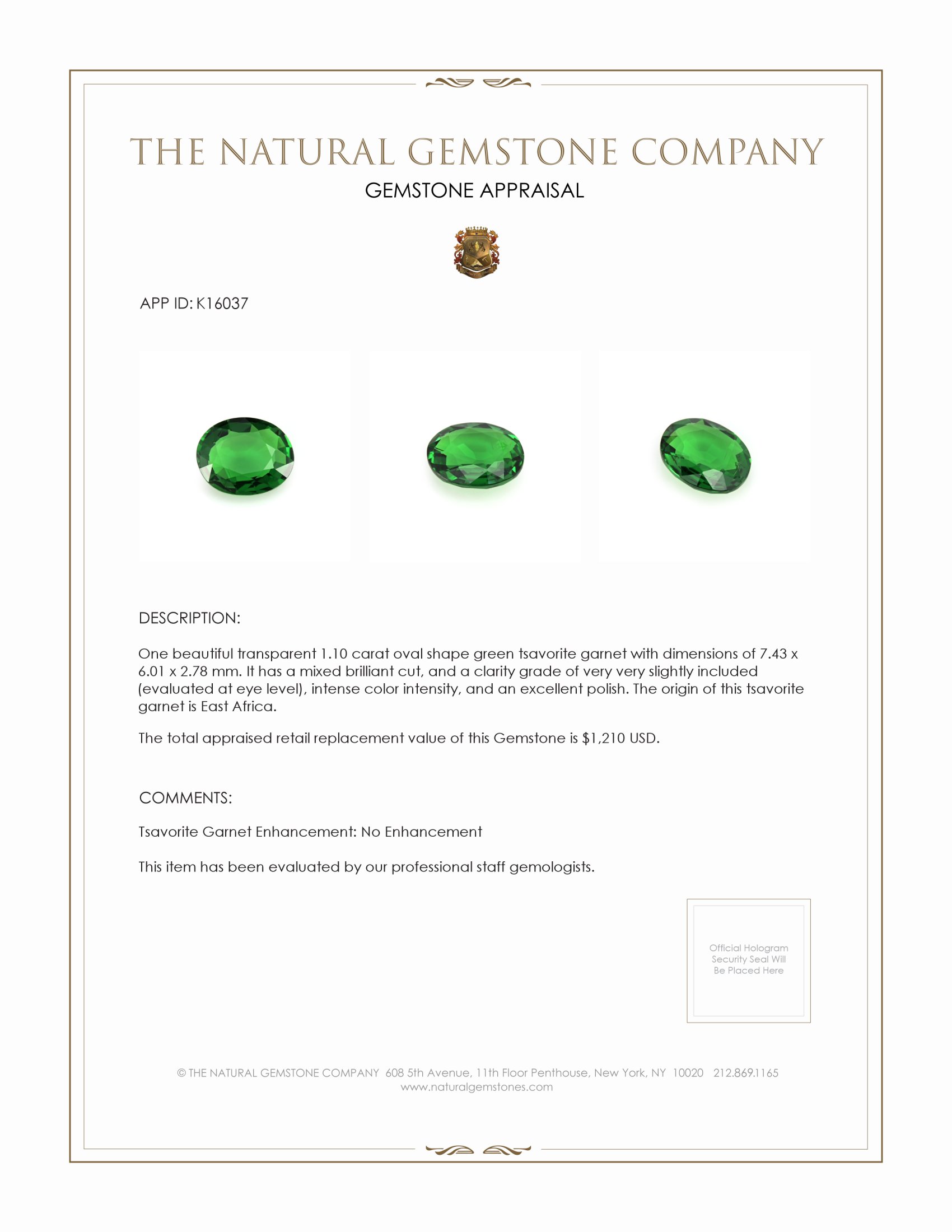 1.10 Ct. Tsavorite Garnet from East Africa