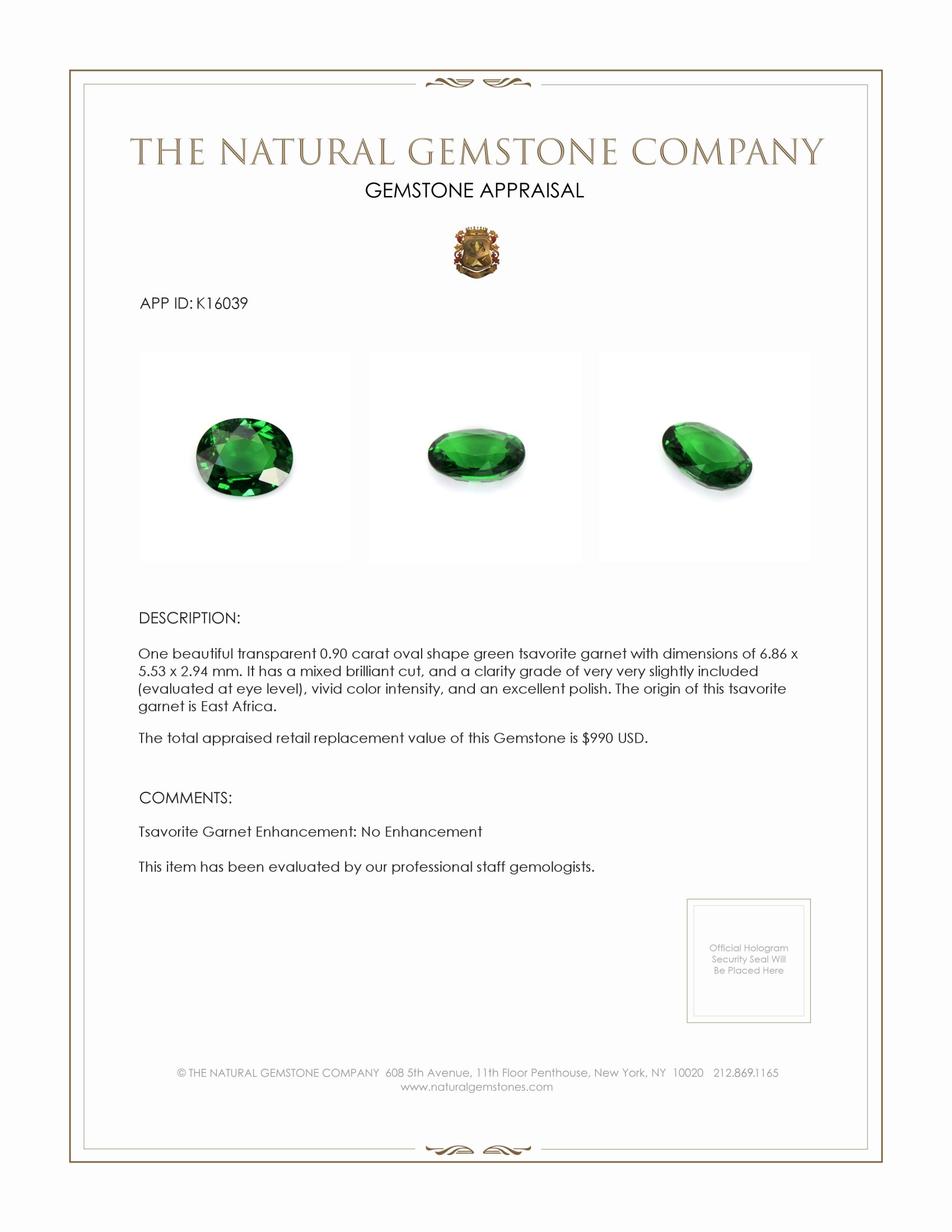 0.90 Ct. Tsavorite Garnet from East Africa