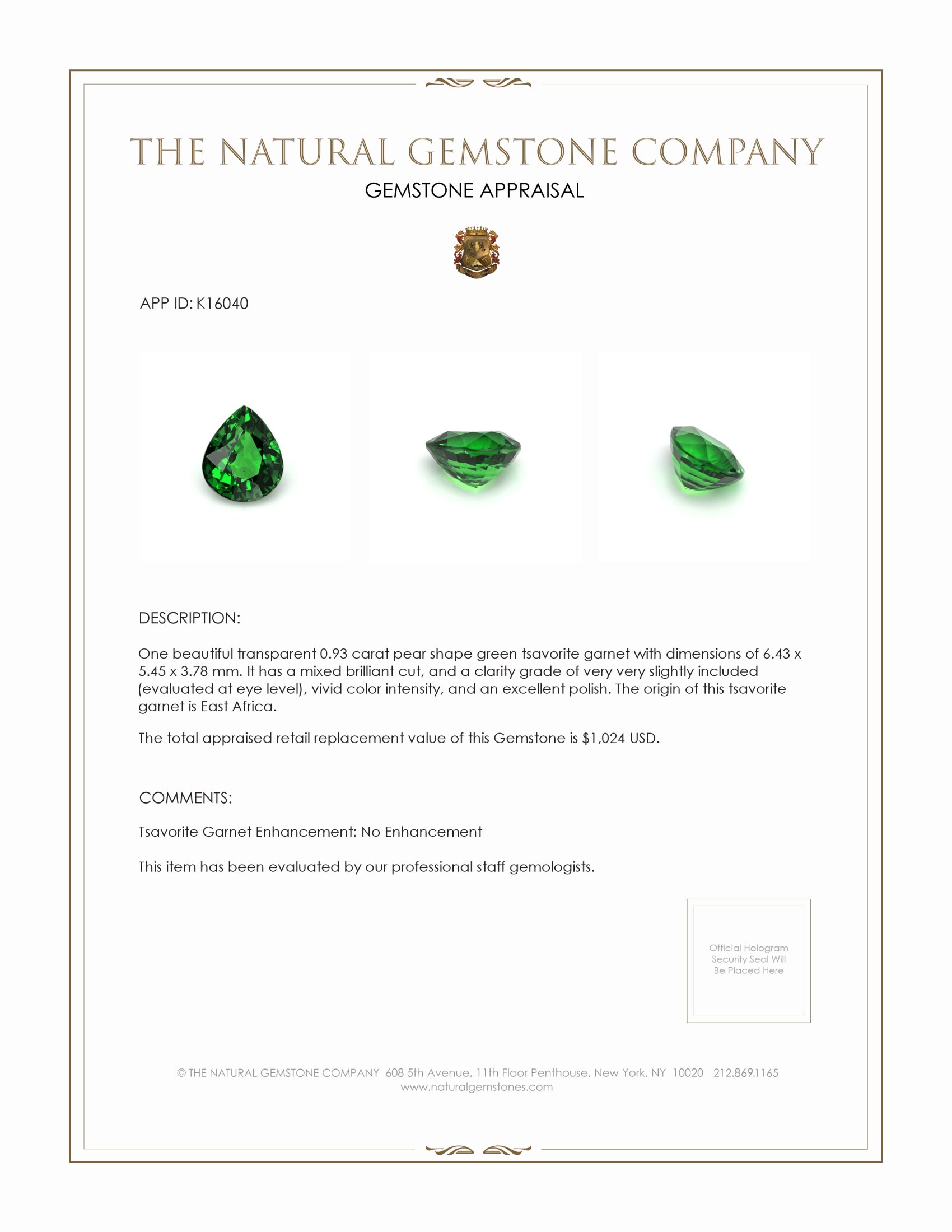 0.93 Ct. Tsavorite Garnet from East Africa