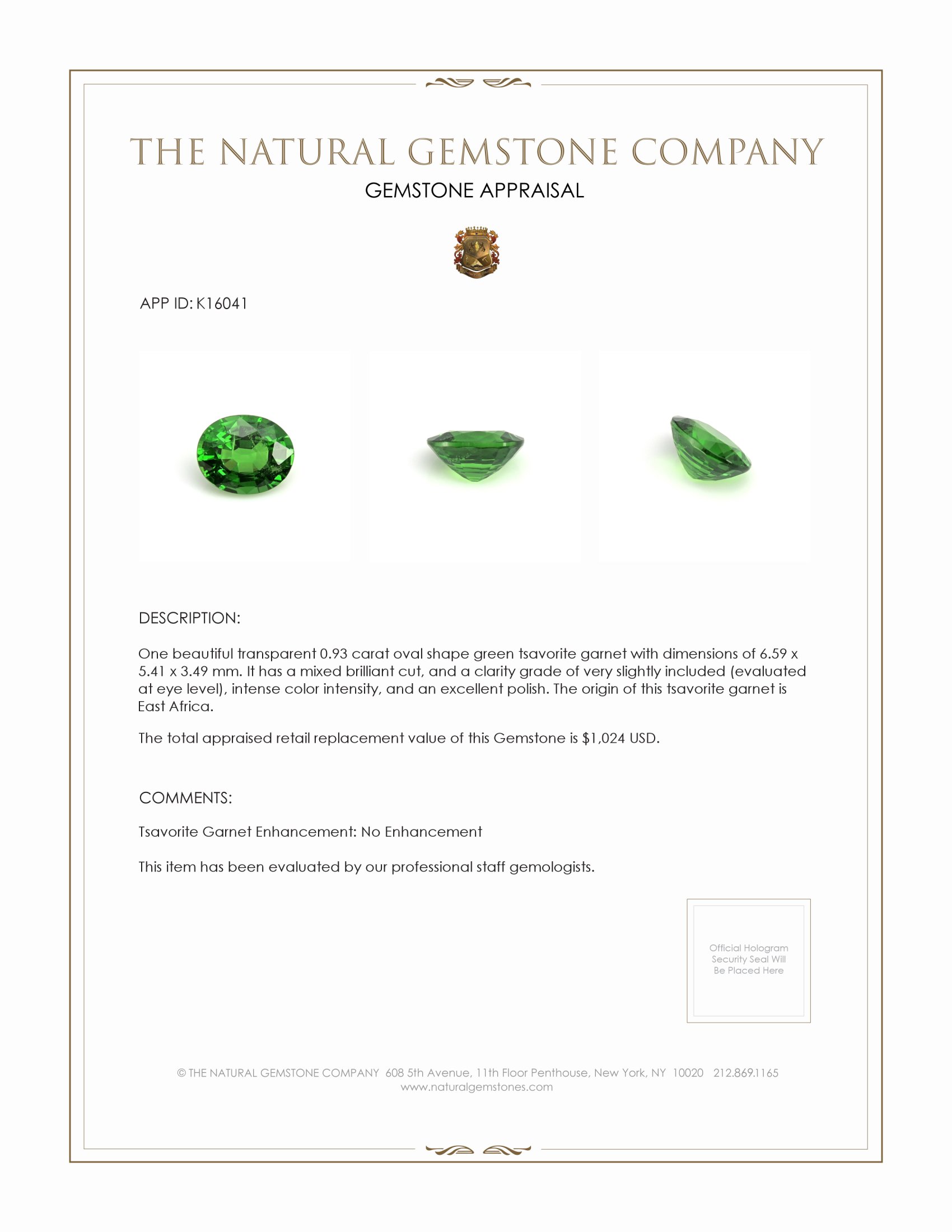 0.93 Ct. Tsavorite Garnet from East Africa