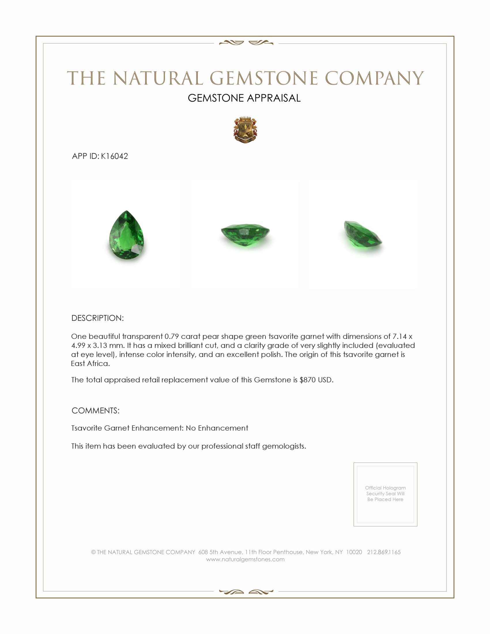 0.79 Ct. Tsavorite Garnet from East Africa