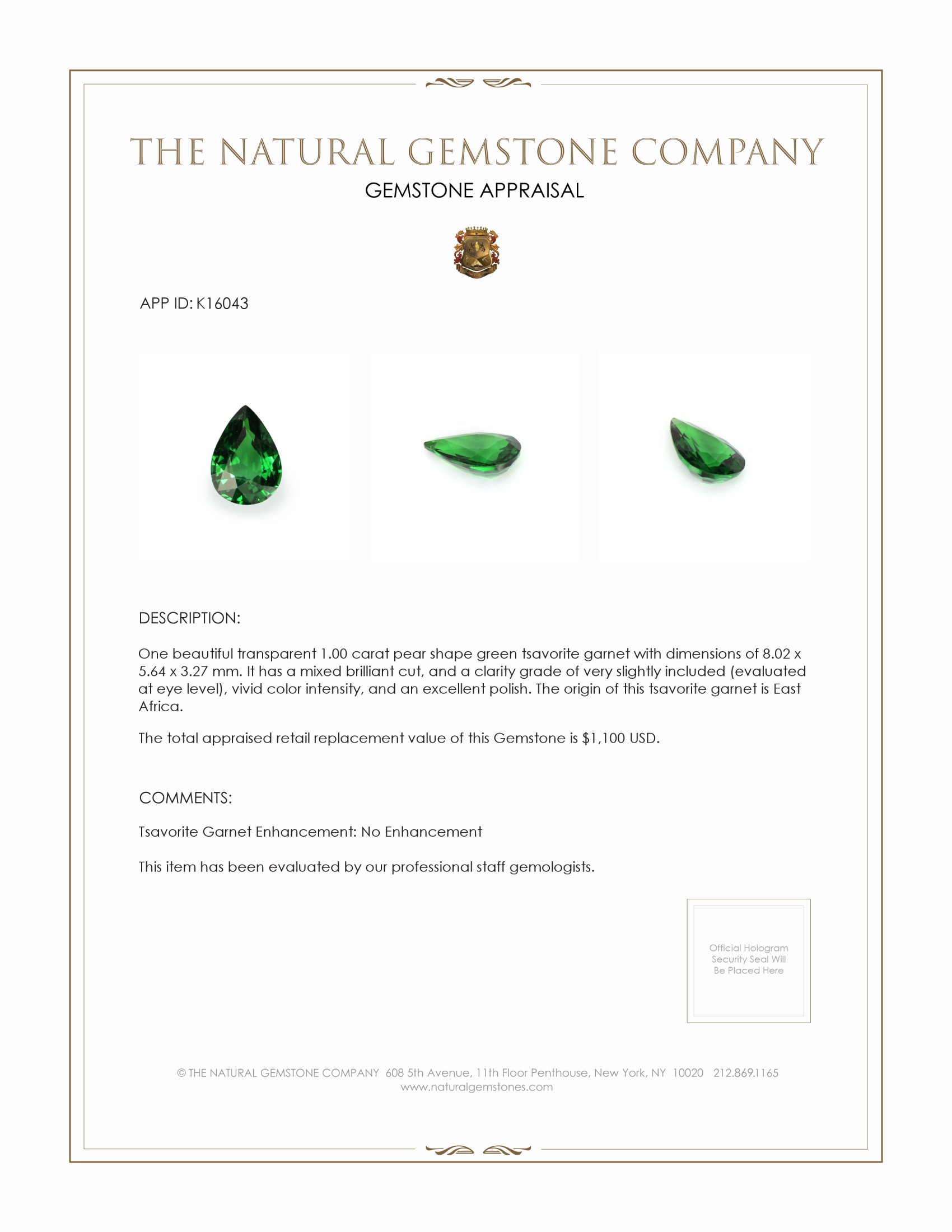 1.00 Ct. Tsavorite Garnet from East Africa