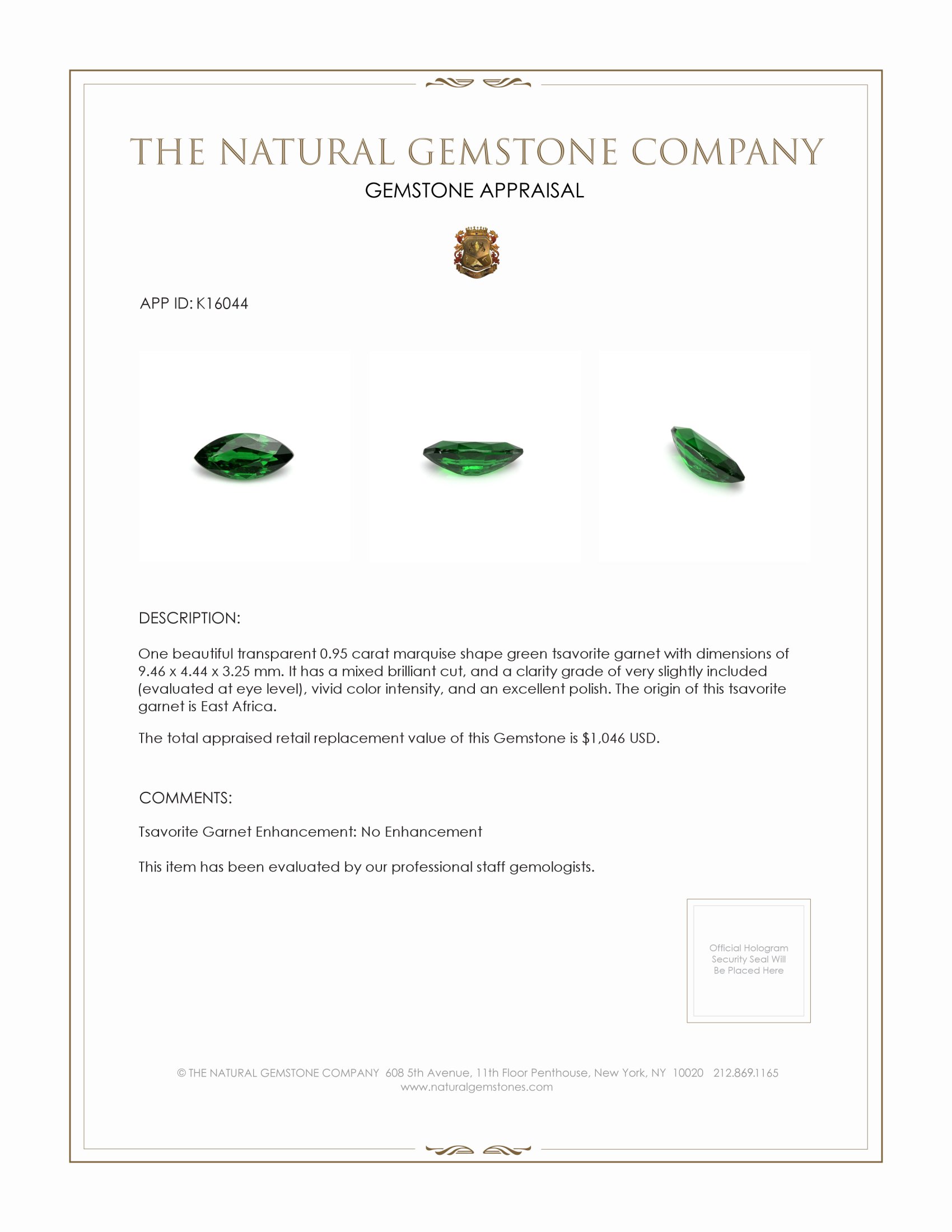 0.95 Ct. Tsavorite Garnet from East Africa