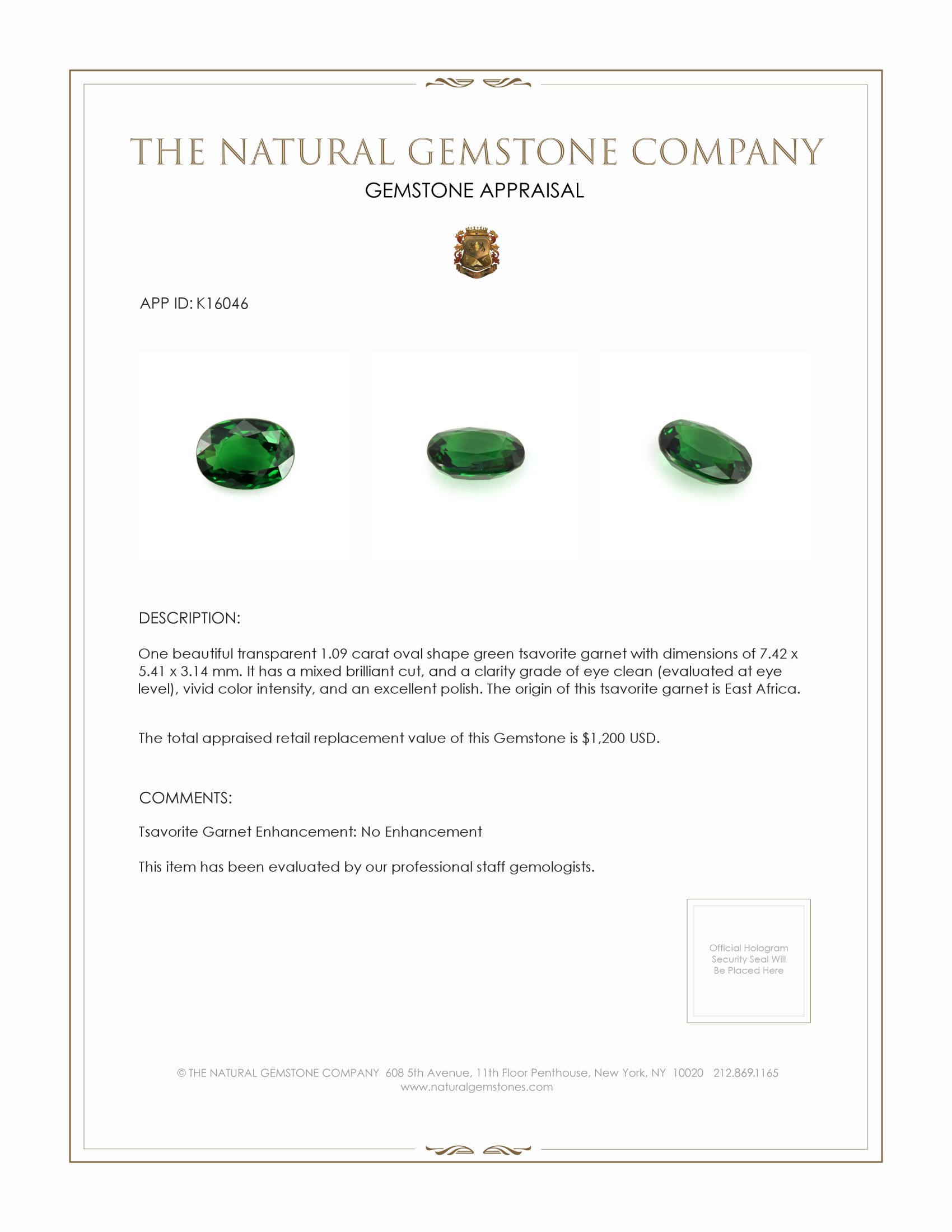 1.09 Ct. Tsavorite Garnet from East Africa