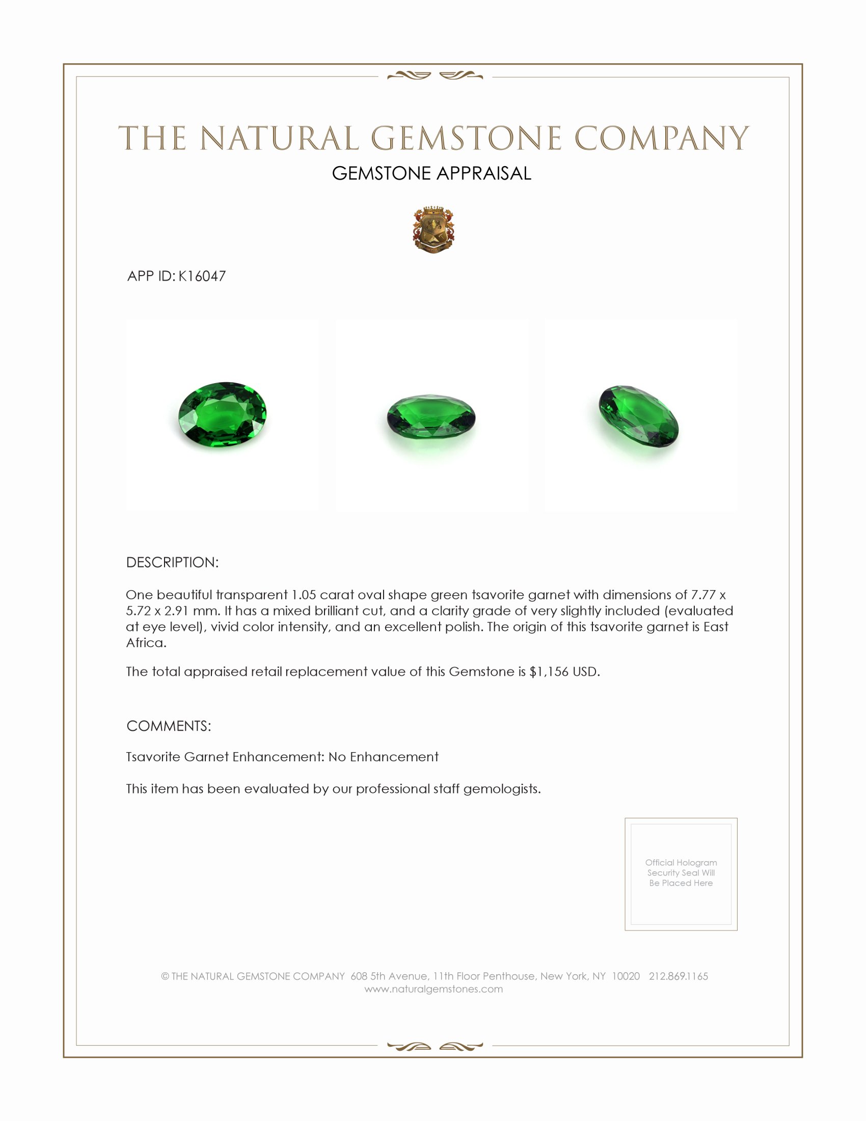 1.05 Ct. Tsavorite Garnet from East Africa