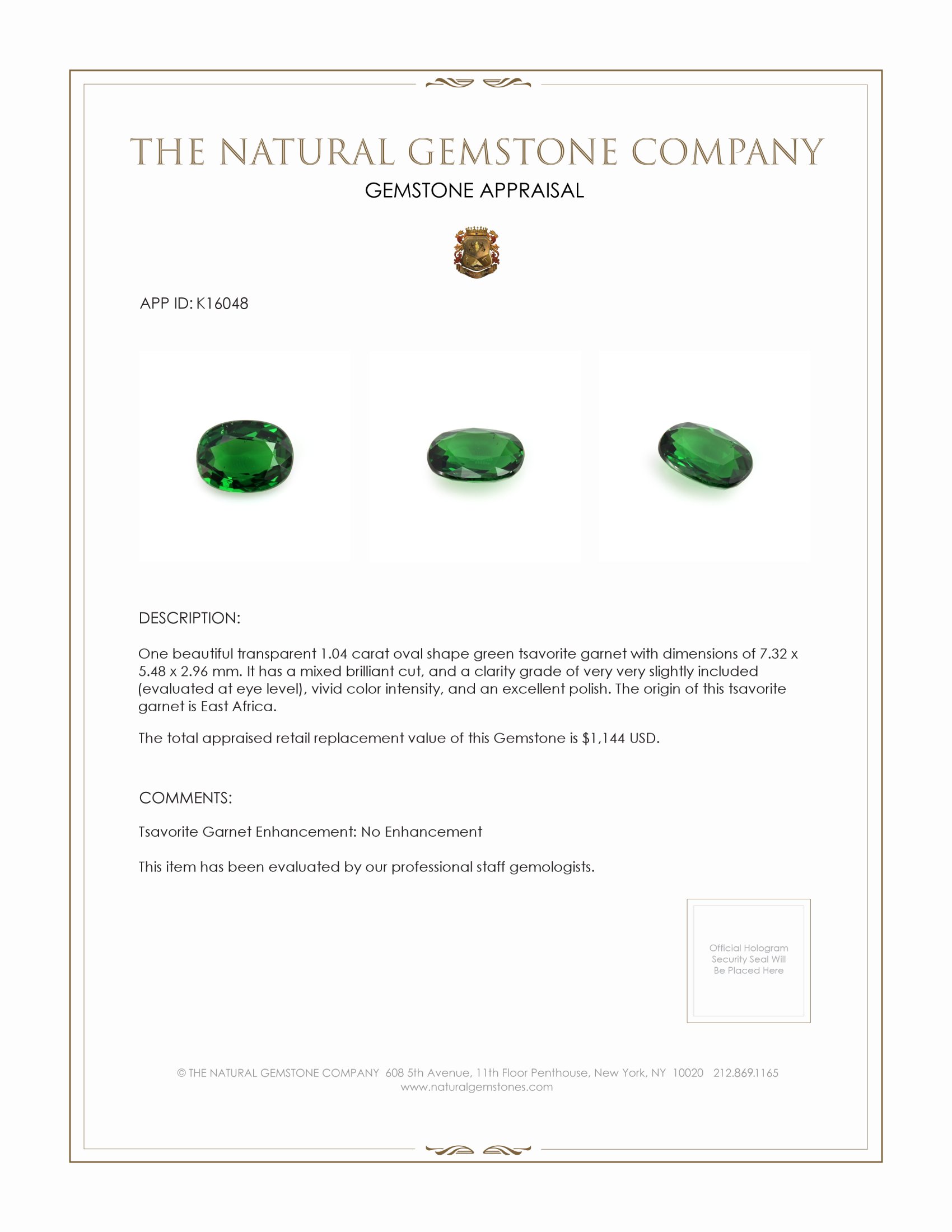 1.04 Ct. Tsavorite Garnet from East Africa