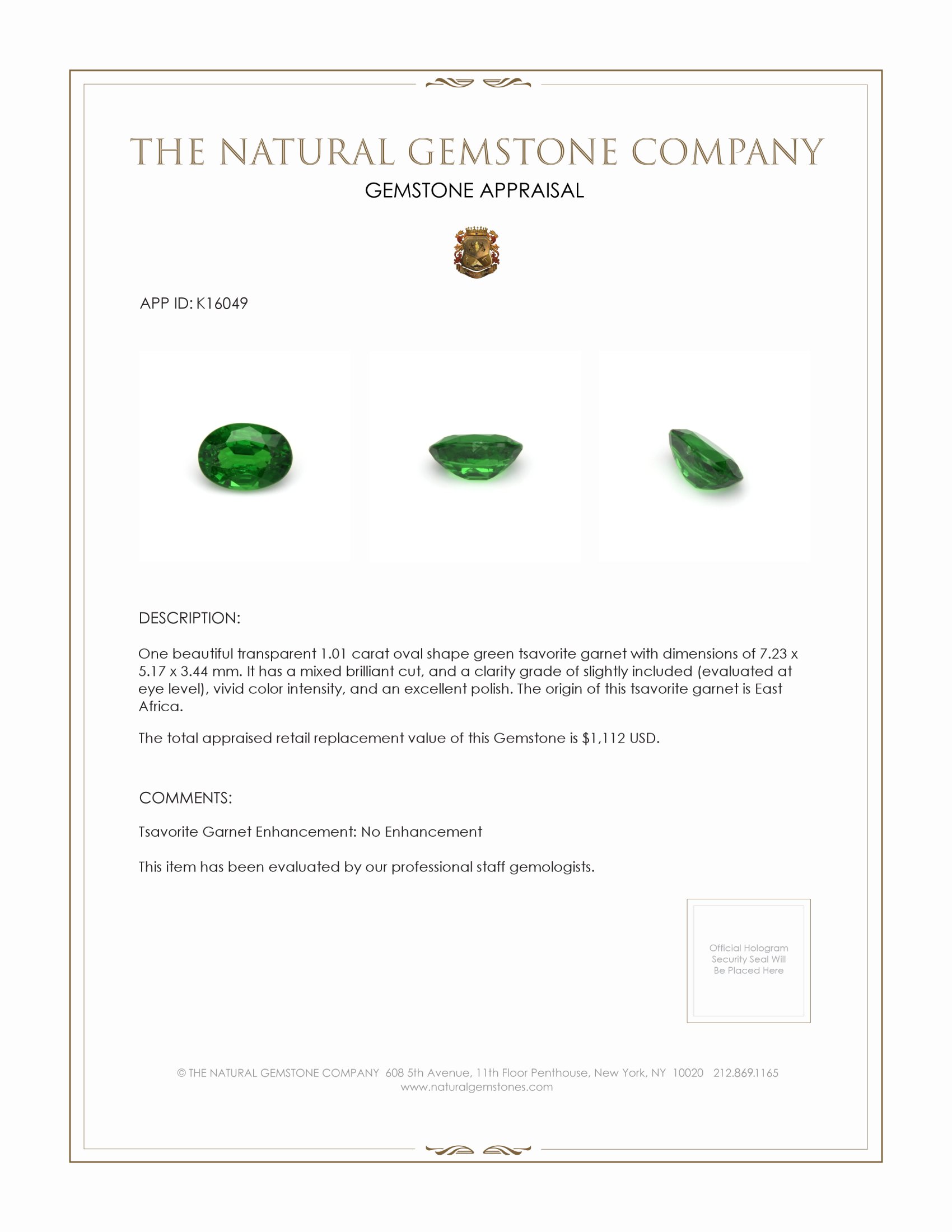 1.01 Ct. Tsavorite Garnet from East Africa