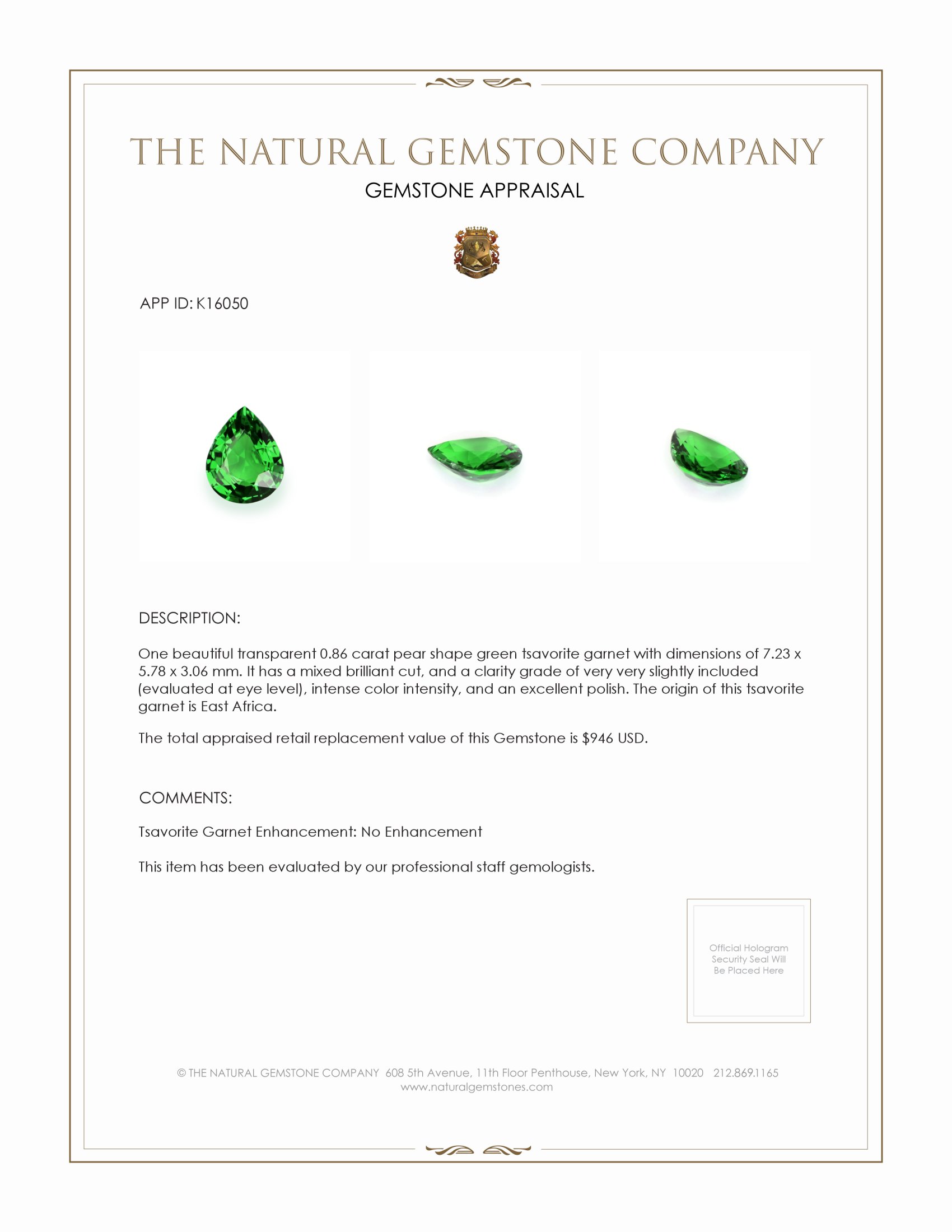 0.86 Ct. Tsavorite Garnet from East Africa