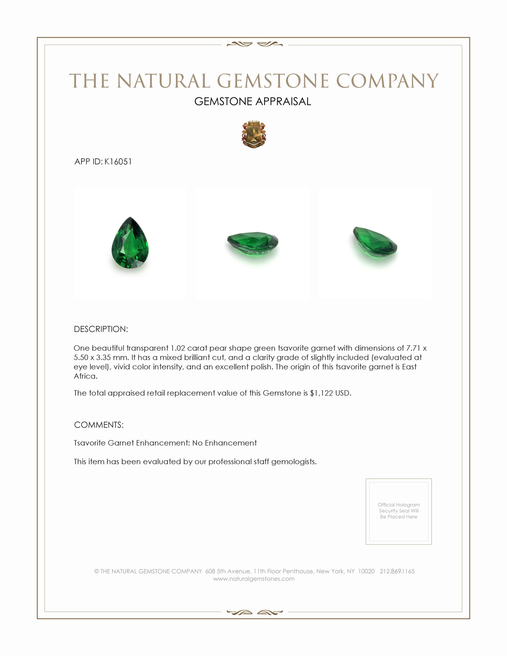 1.02 Ct. Tsavorite Garnet from East Africa