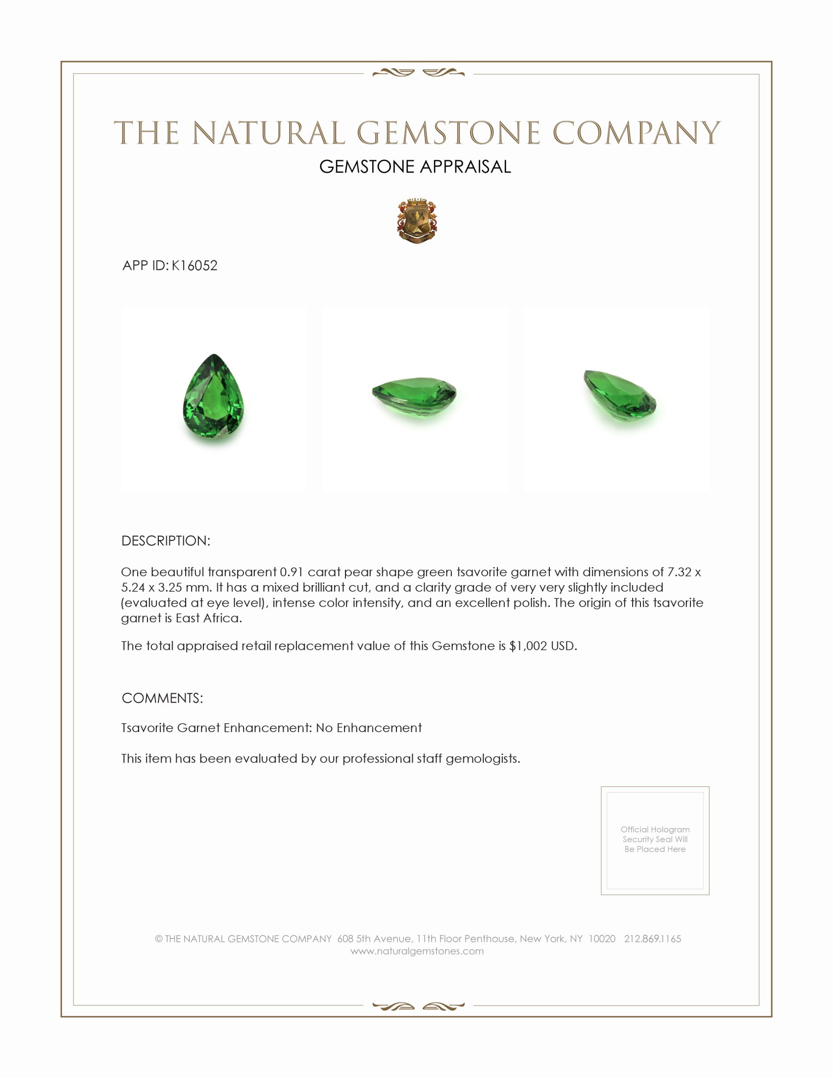 0.91 Ct. Tsavorite Garnet from East Africa
