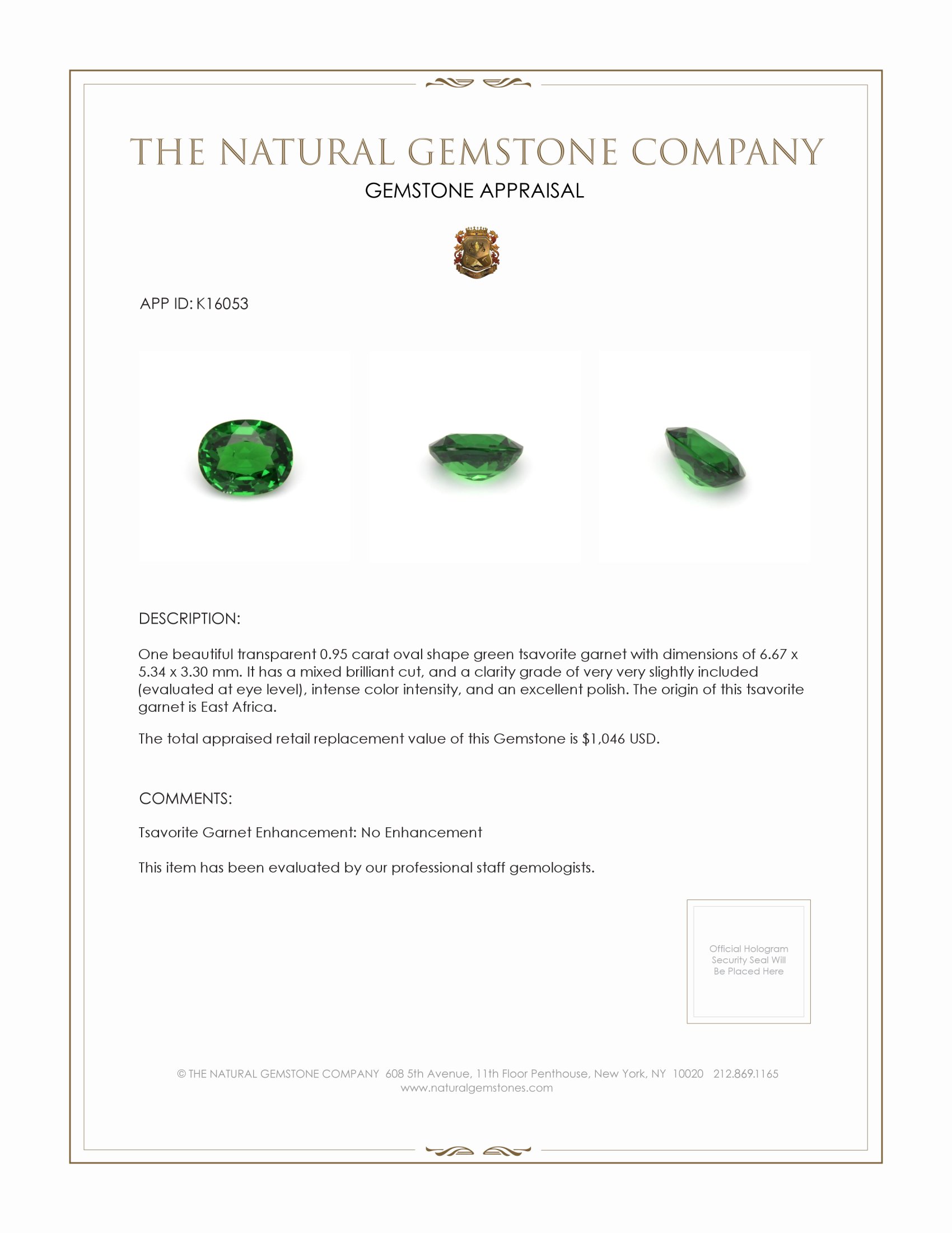 0.95 Ct. Tsavorite Garnet from East Africa