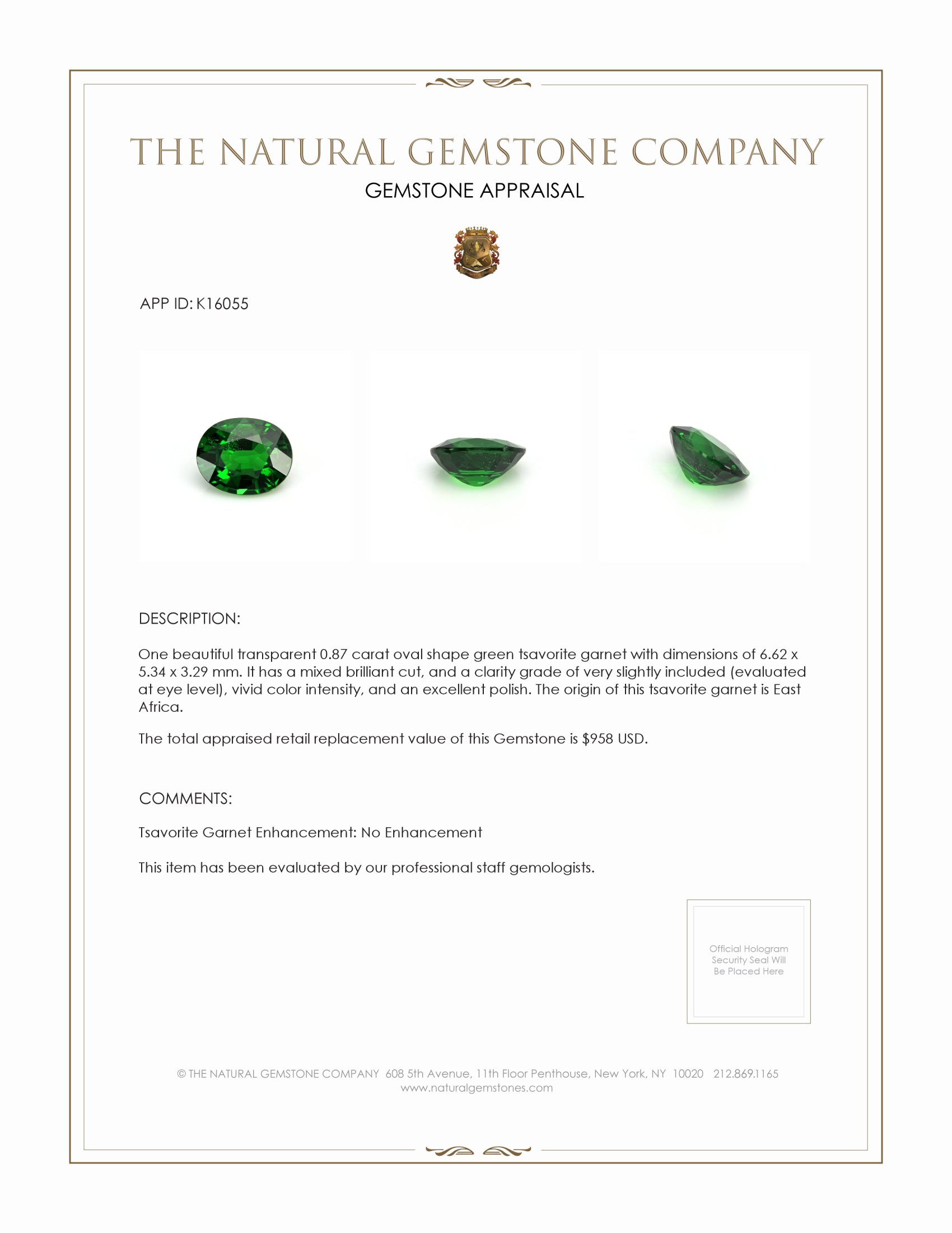 0.87 Ct. Tsavorite Garnet from East Africa