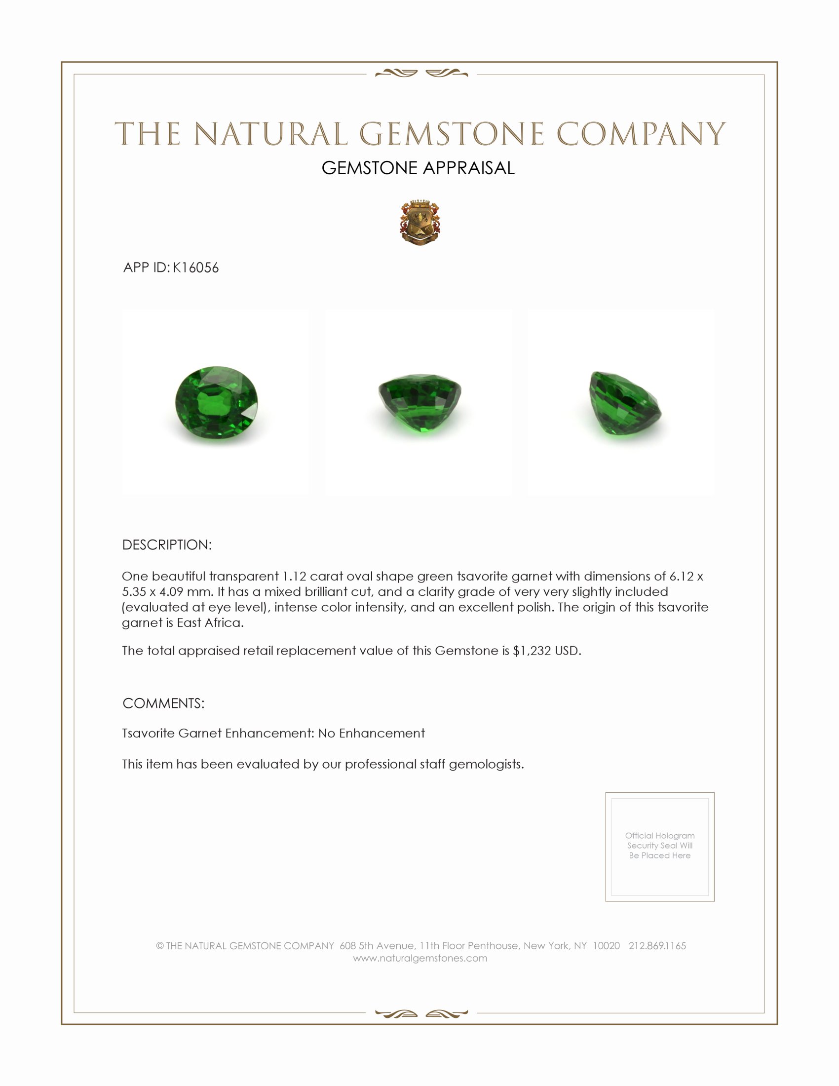 1.12 Ct. Tsavorite Garnet from East Africa
