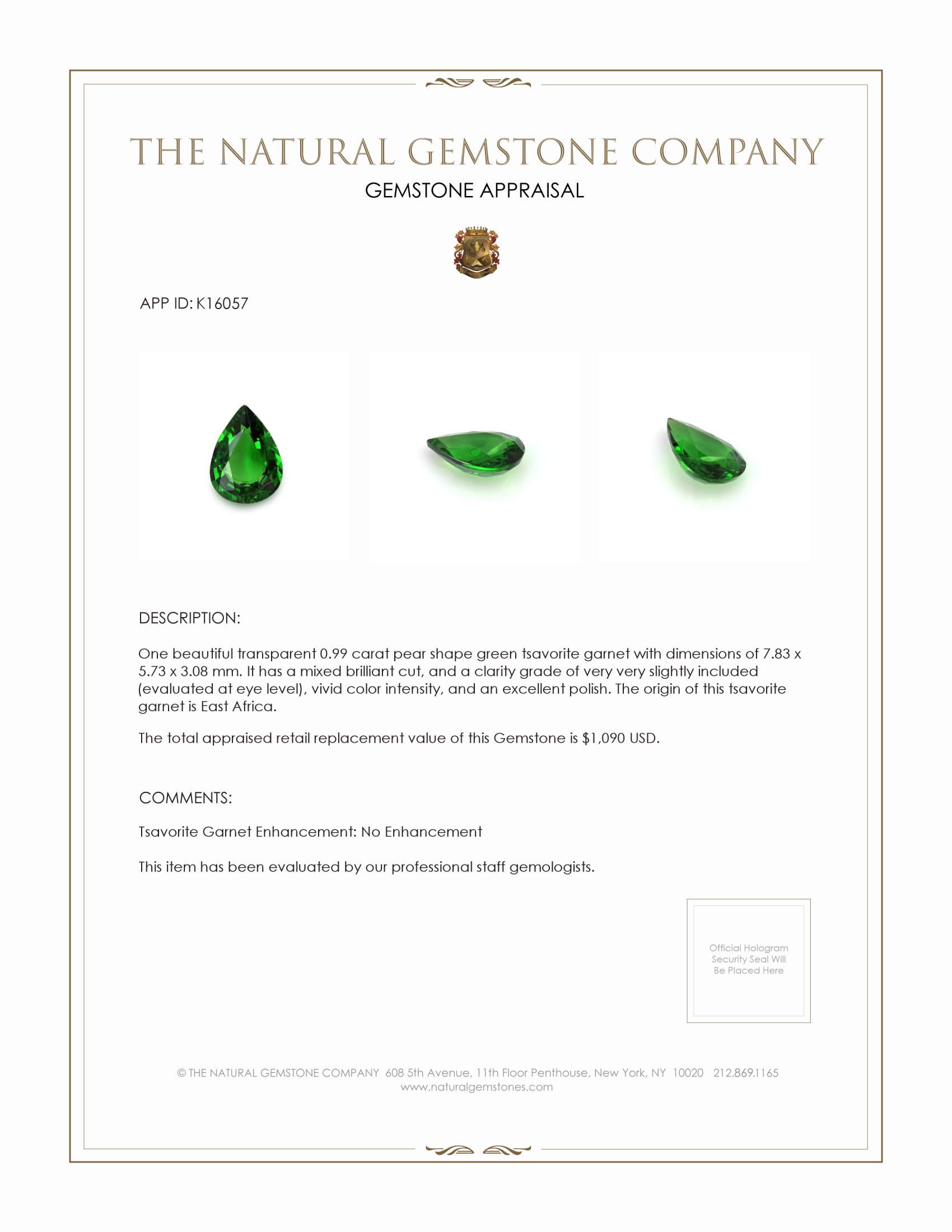 0.99 Ct. Tsavorite Garnet from East Africa