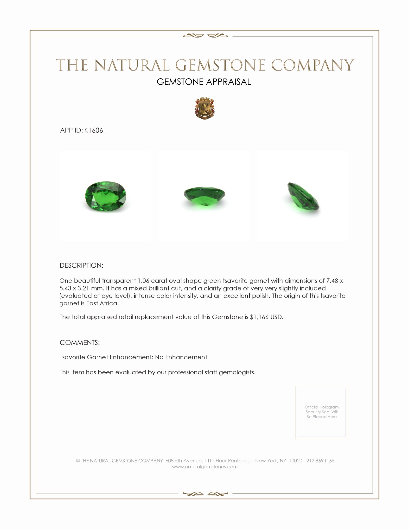1.06 Ct. Tsavorite Garnet from East Africa