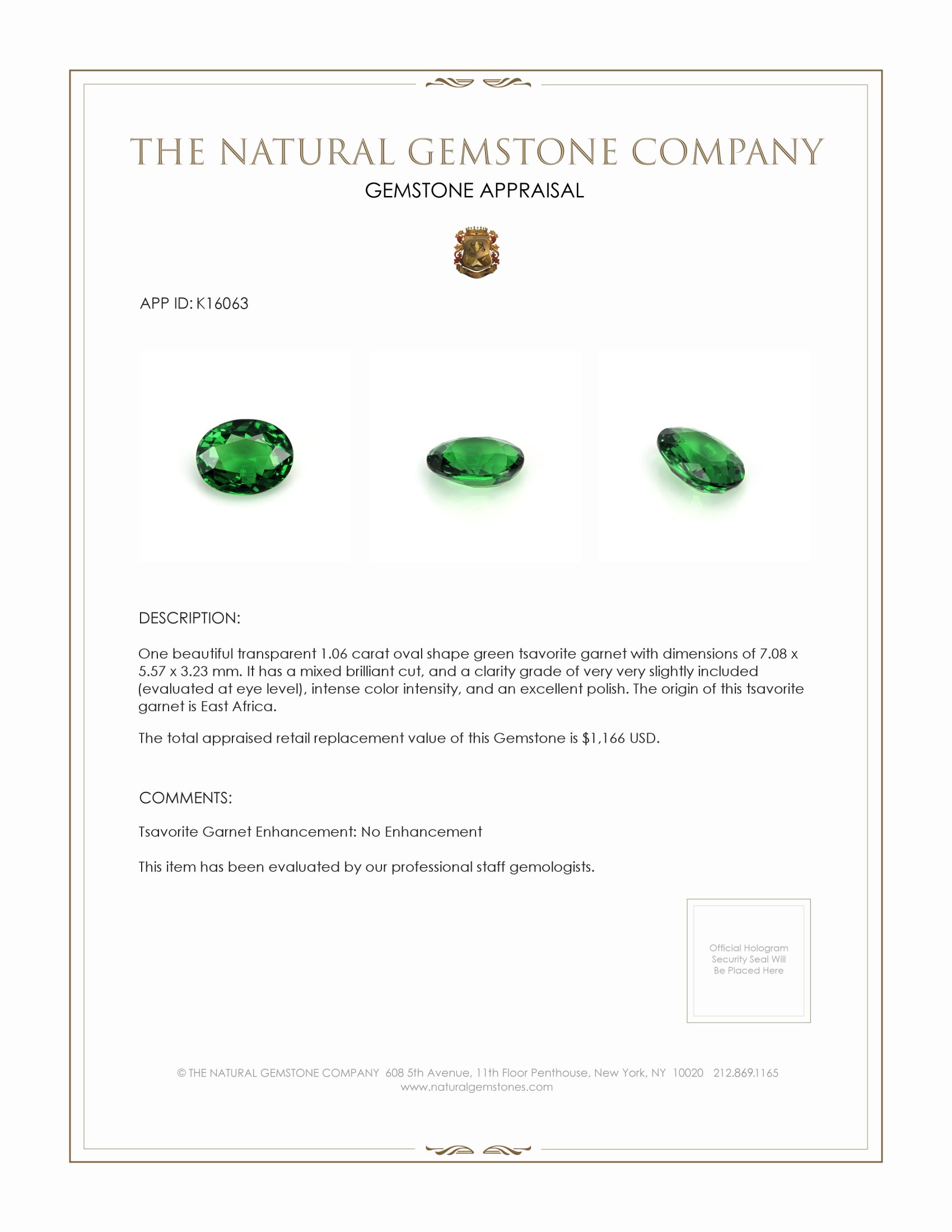 1.06 Ct. Tsavorite Garnet from East Africa