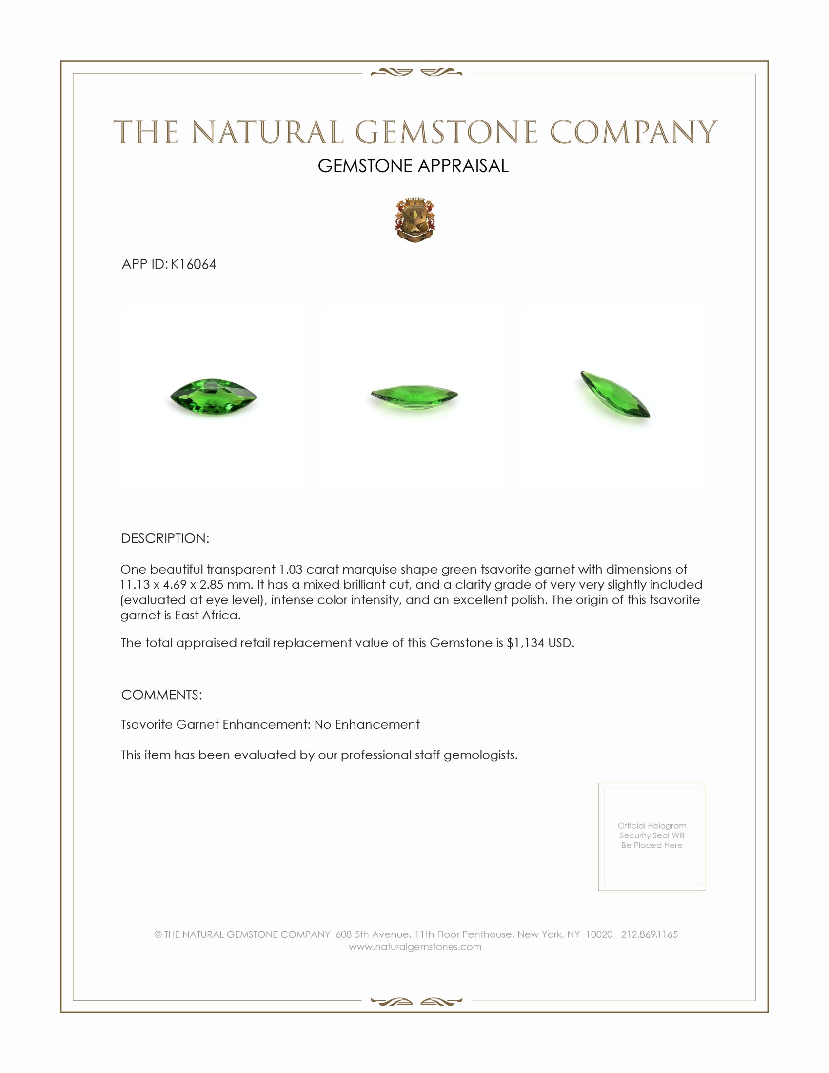 1.03 Ct. Tsavorite Garnet from East Africa