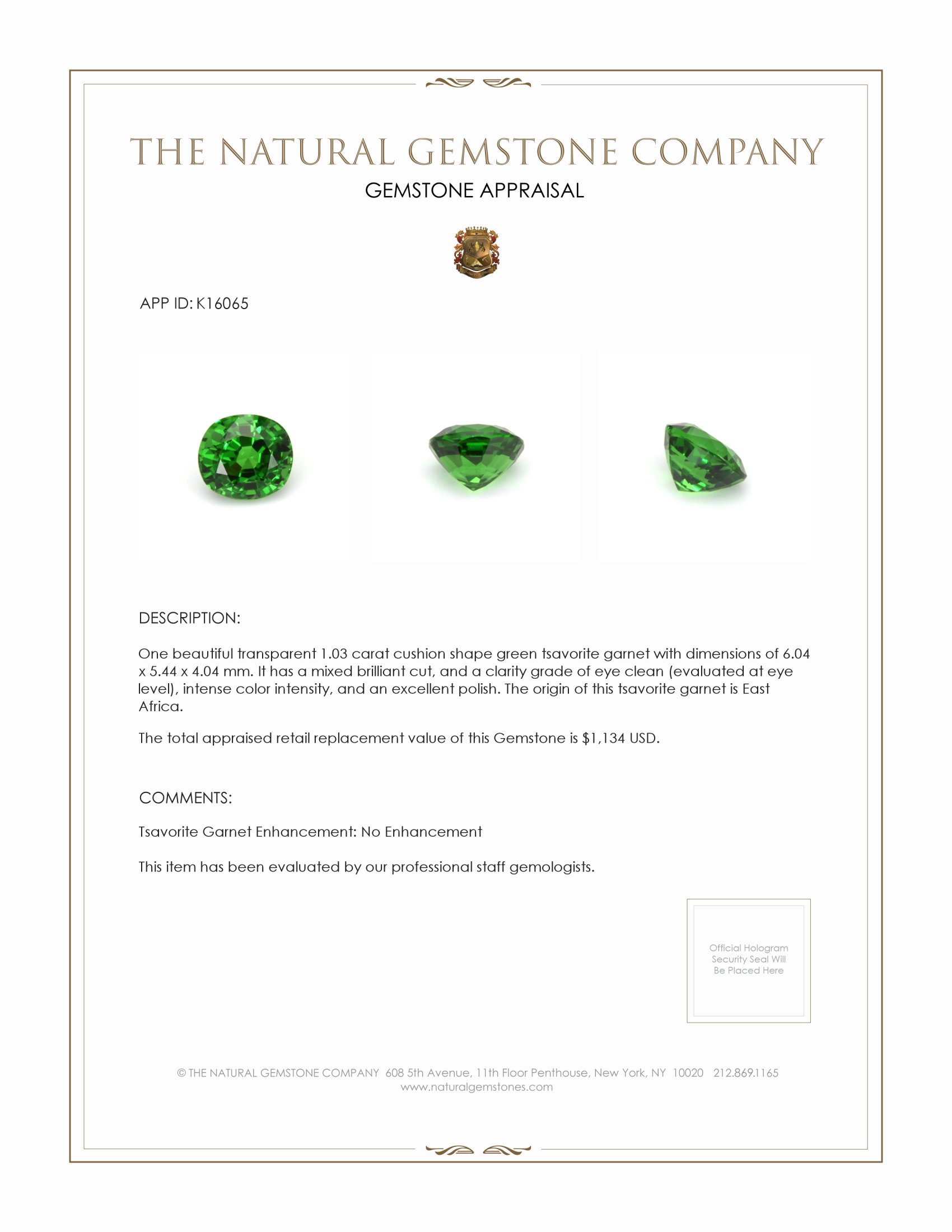 1.03 Ct. Tsavorite Garnet from East Africa