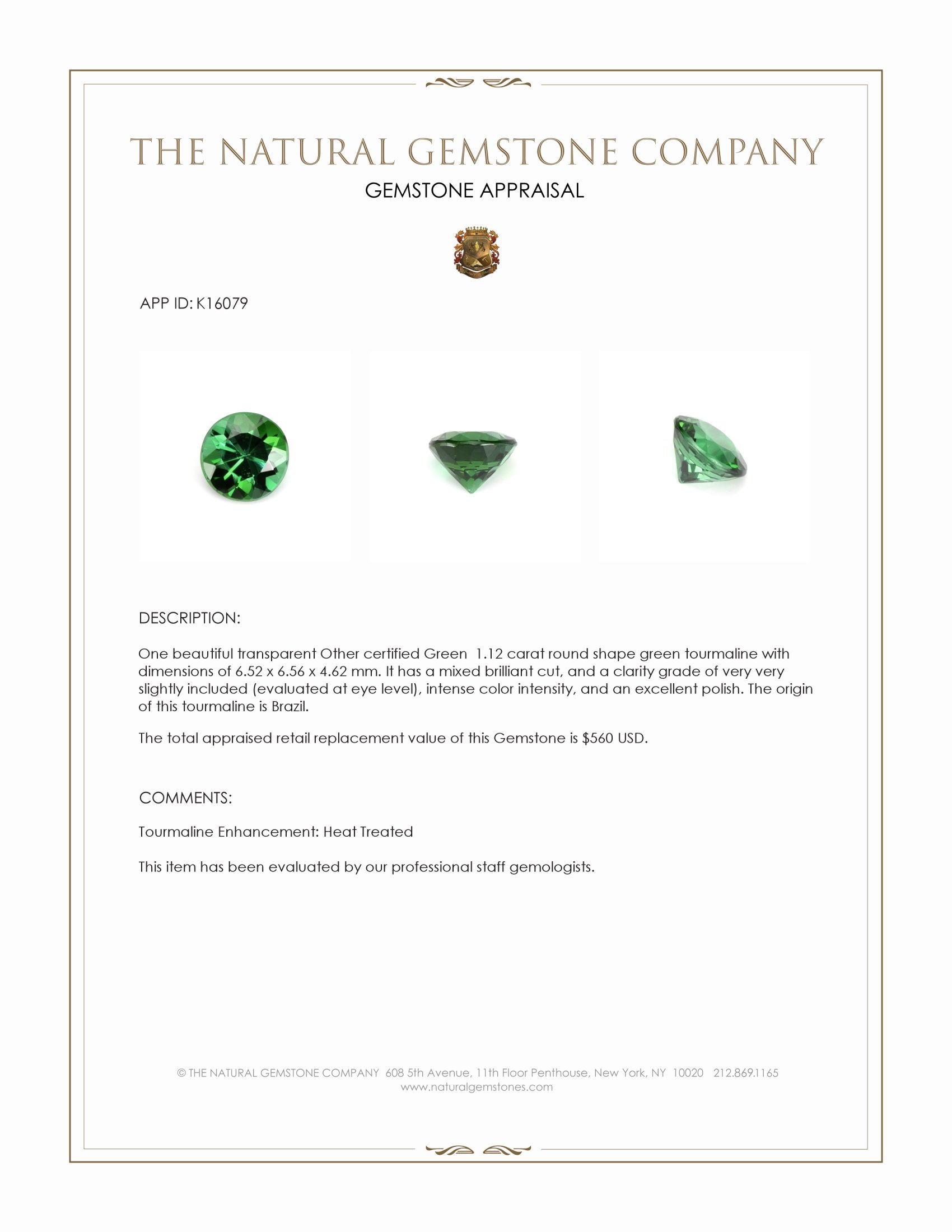 1.12 Ct. Green Tourmaline from Brazil