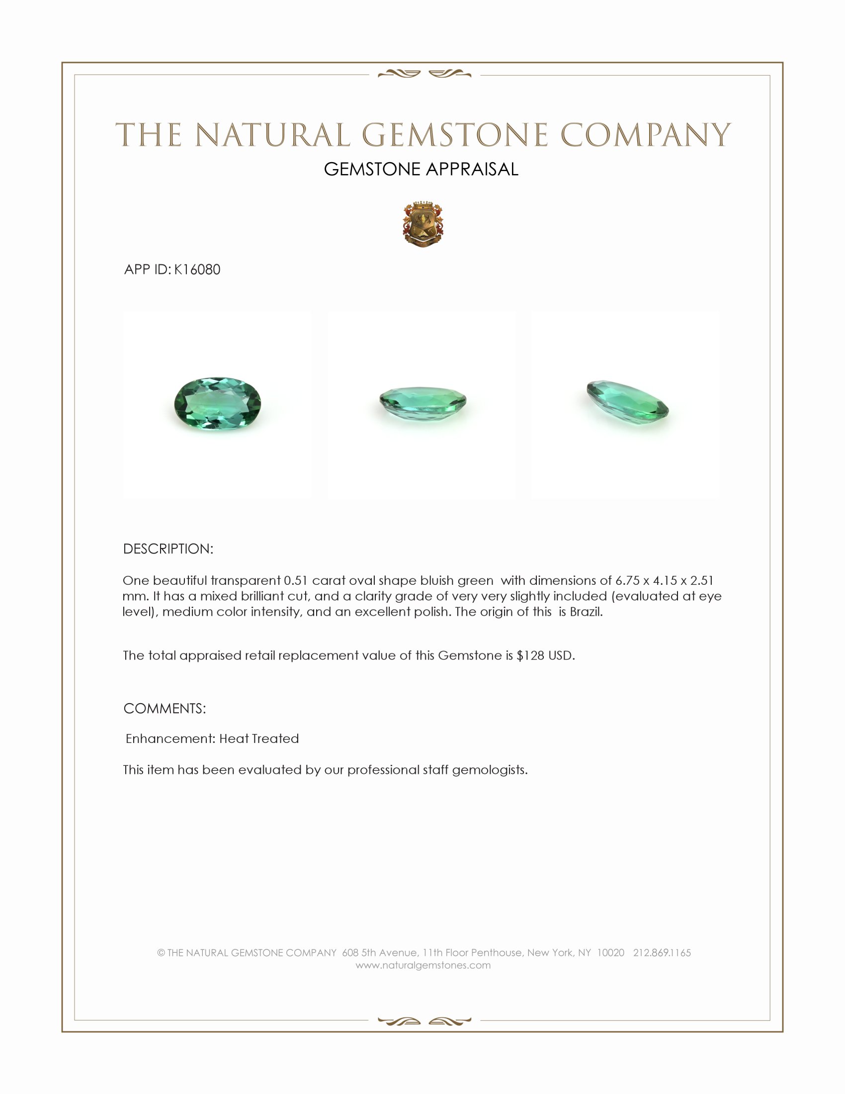 0.51 Ct. Bluish Green Tourmaline from Brazil