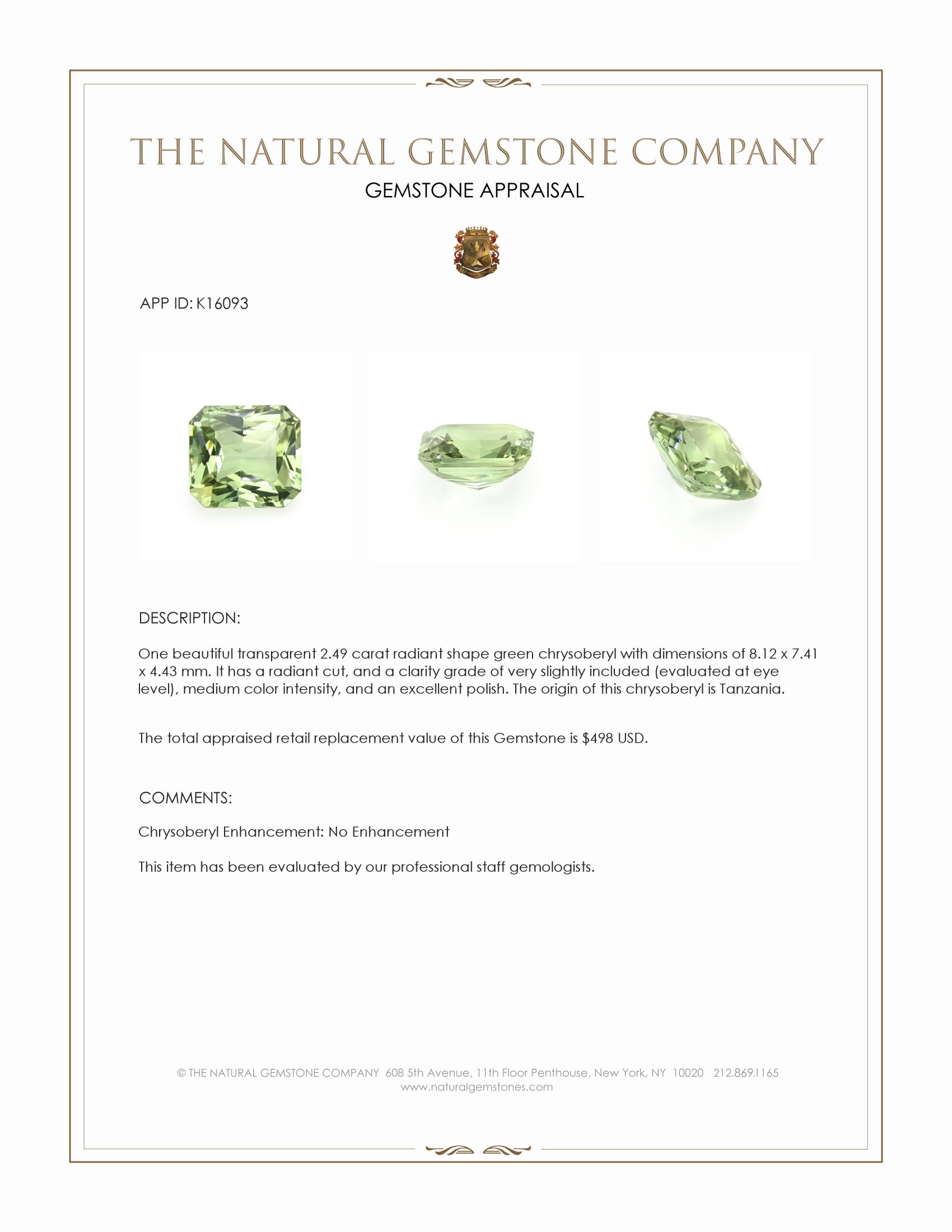 2.49 Ct. Green Chrysoberyl from Tanzania