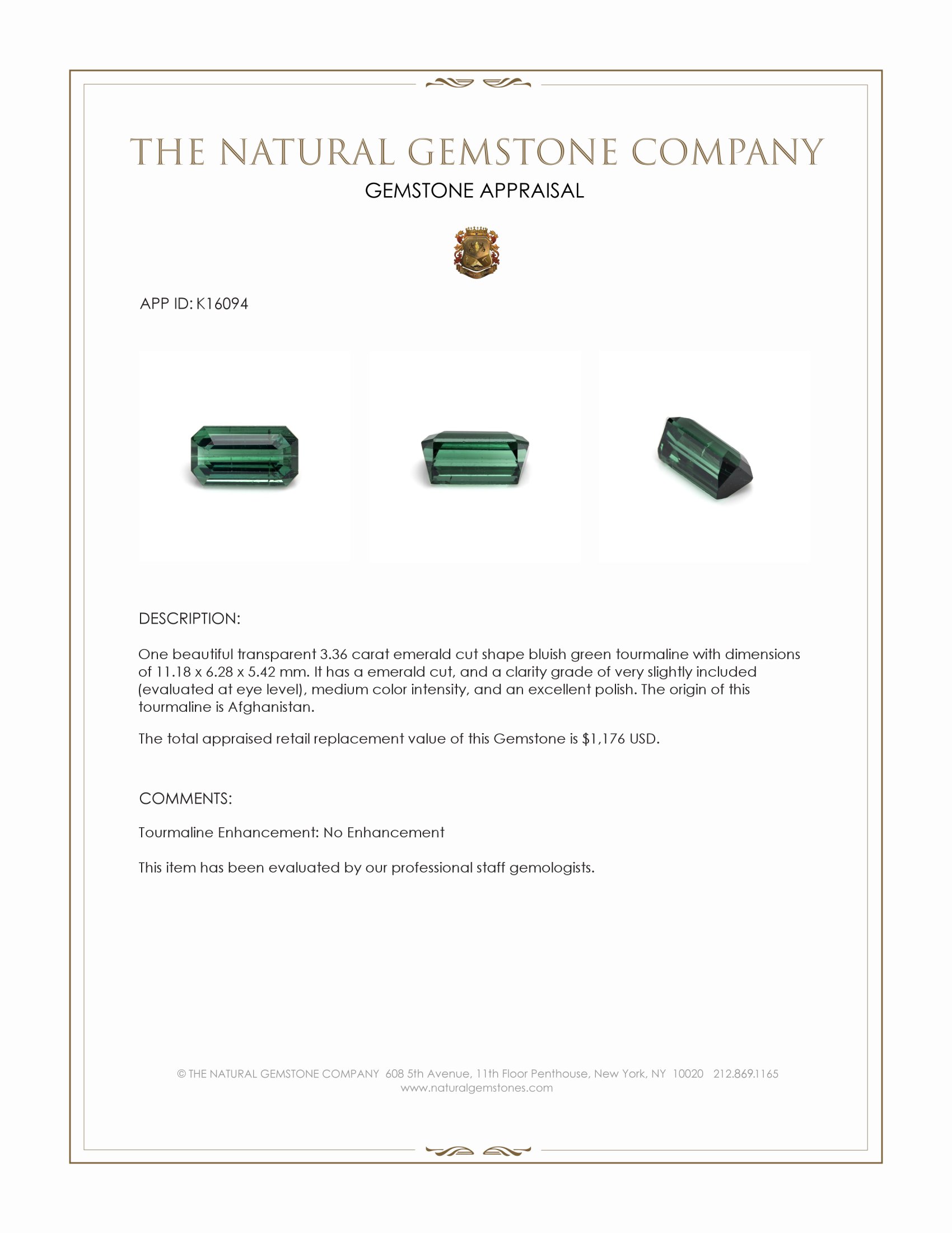 3.36 Ct. Bluish Green Tourmaline from Afghanistan