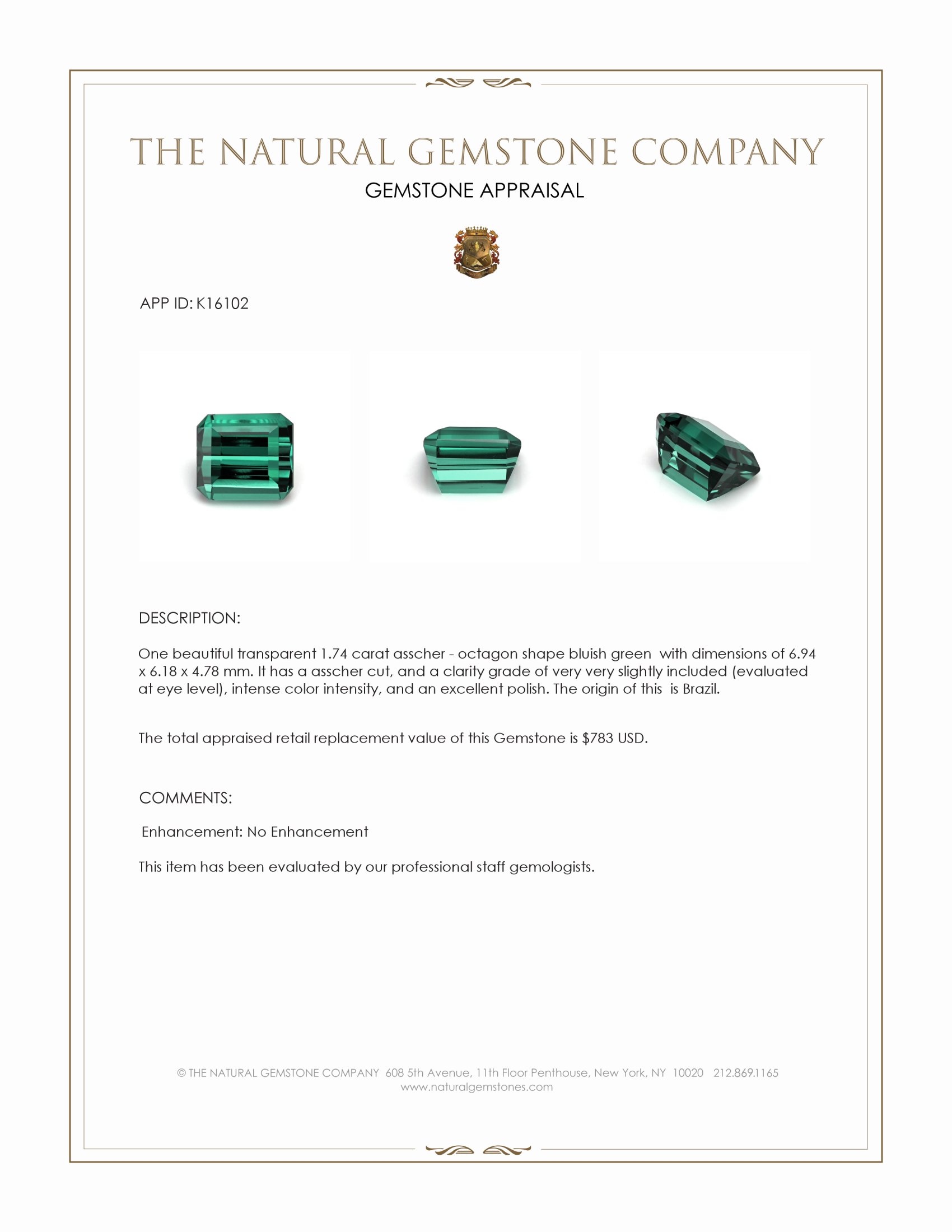 1.74 Ct. Bluish Green Tourmaline from Brazil