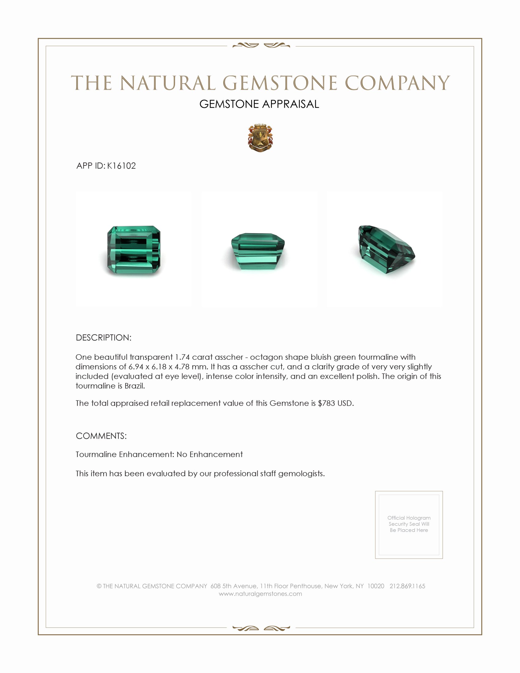 1.74 Ct. Tourmaline from Brazil