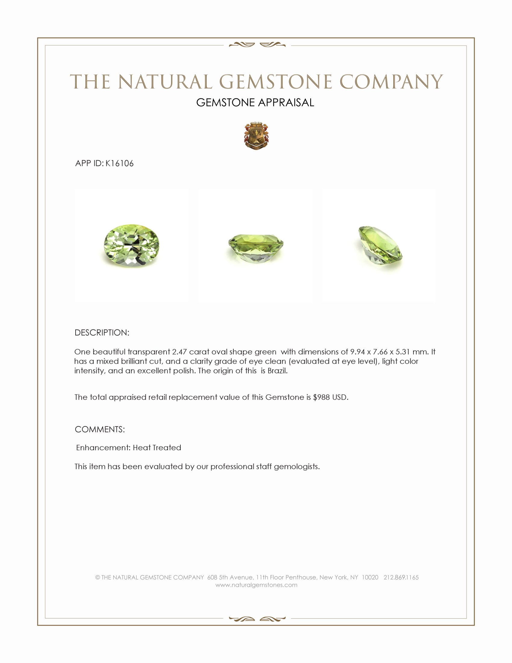 2.47 Ct. Green Tourmaline from Brazil