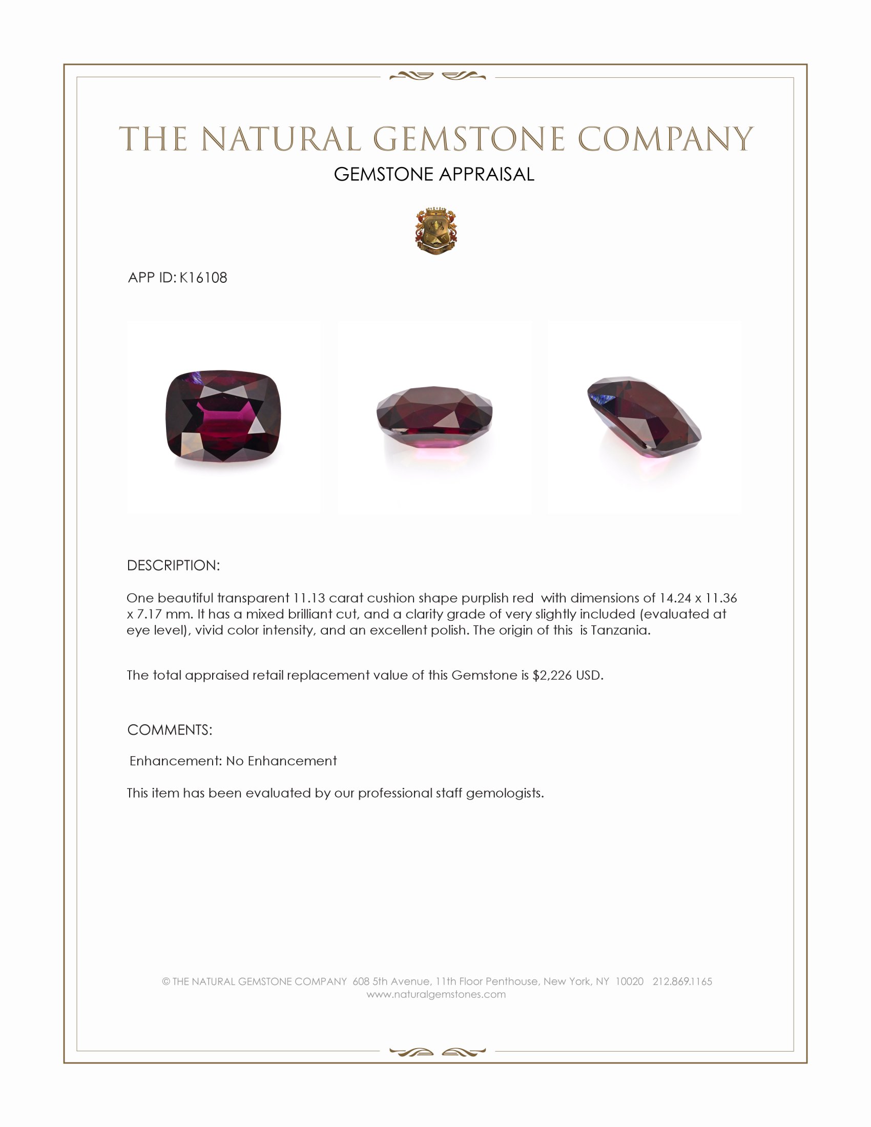 11.13 Ct. Purplish Red Garnet from Tanzania