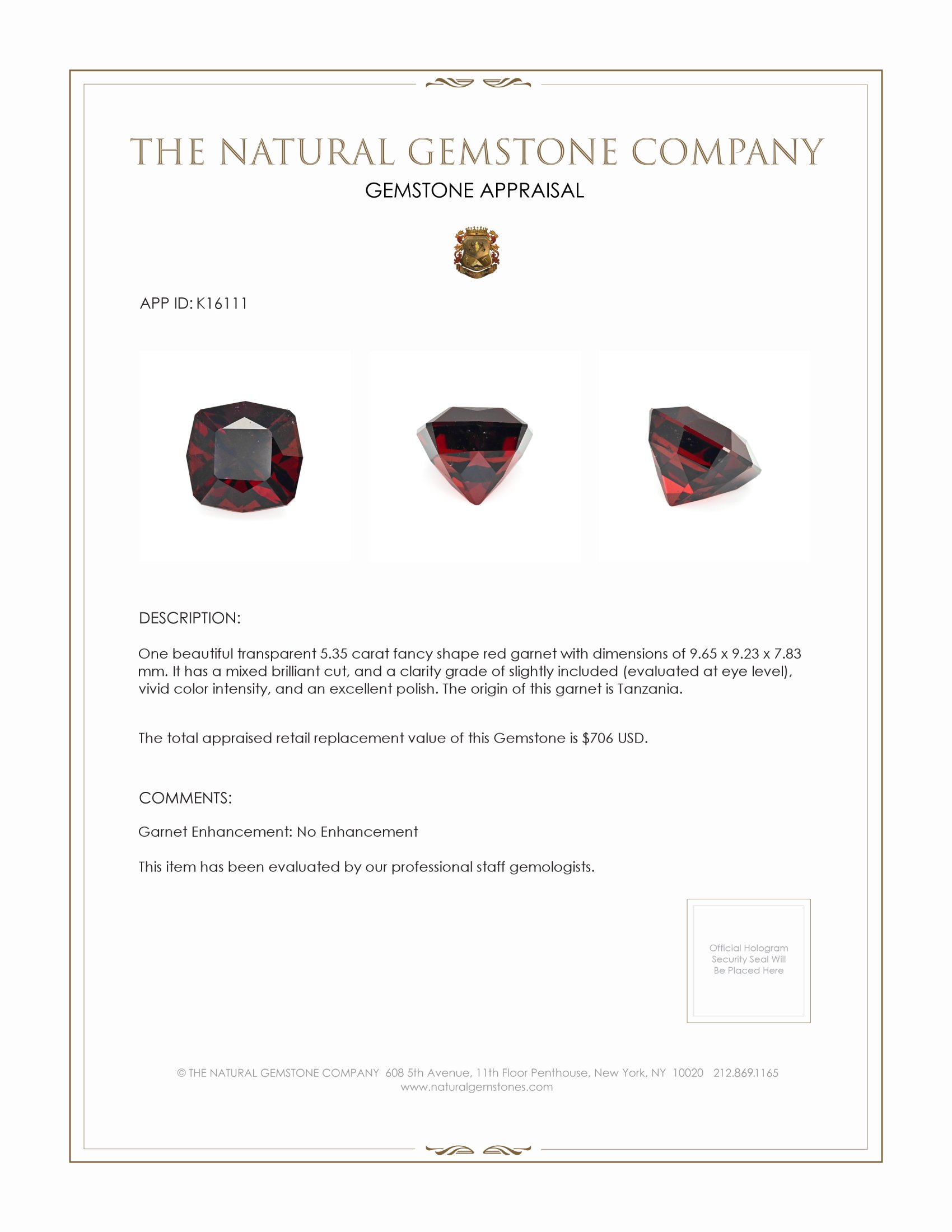 5.35 Ct. Garnet from Tanzania