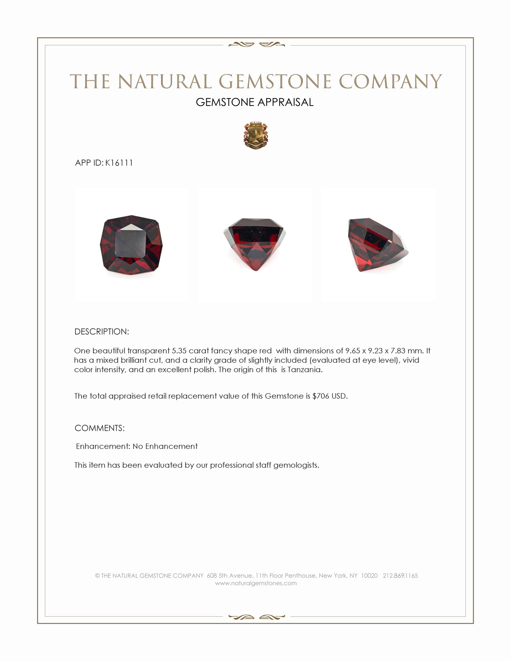 5.35 Ct. Red Garnet from Tanzania