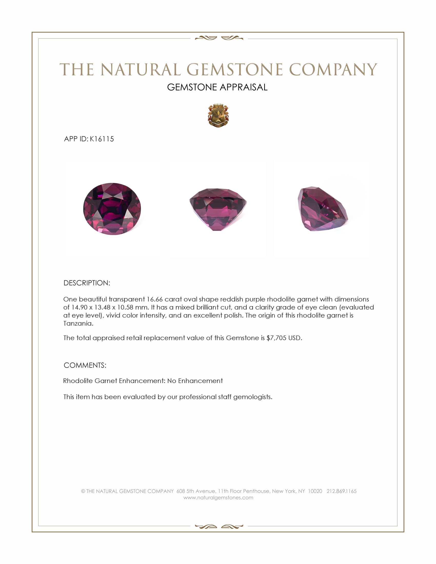 16.66 Ct. Reddish Purple Rhodolite Garnet from Tanzania