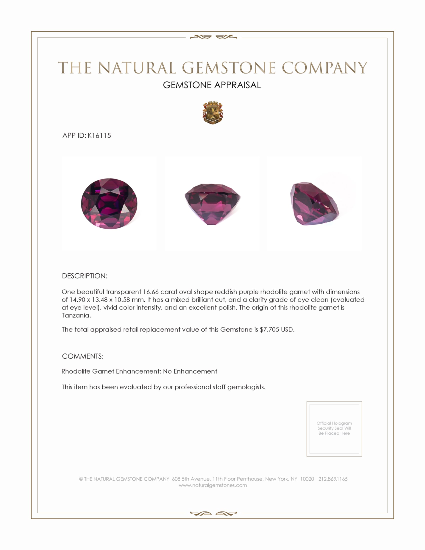 16.66 Ct. Rhodolite Garnet from Tanzania