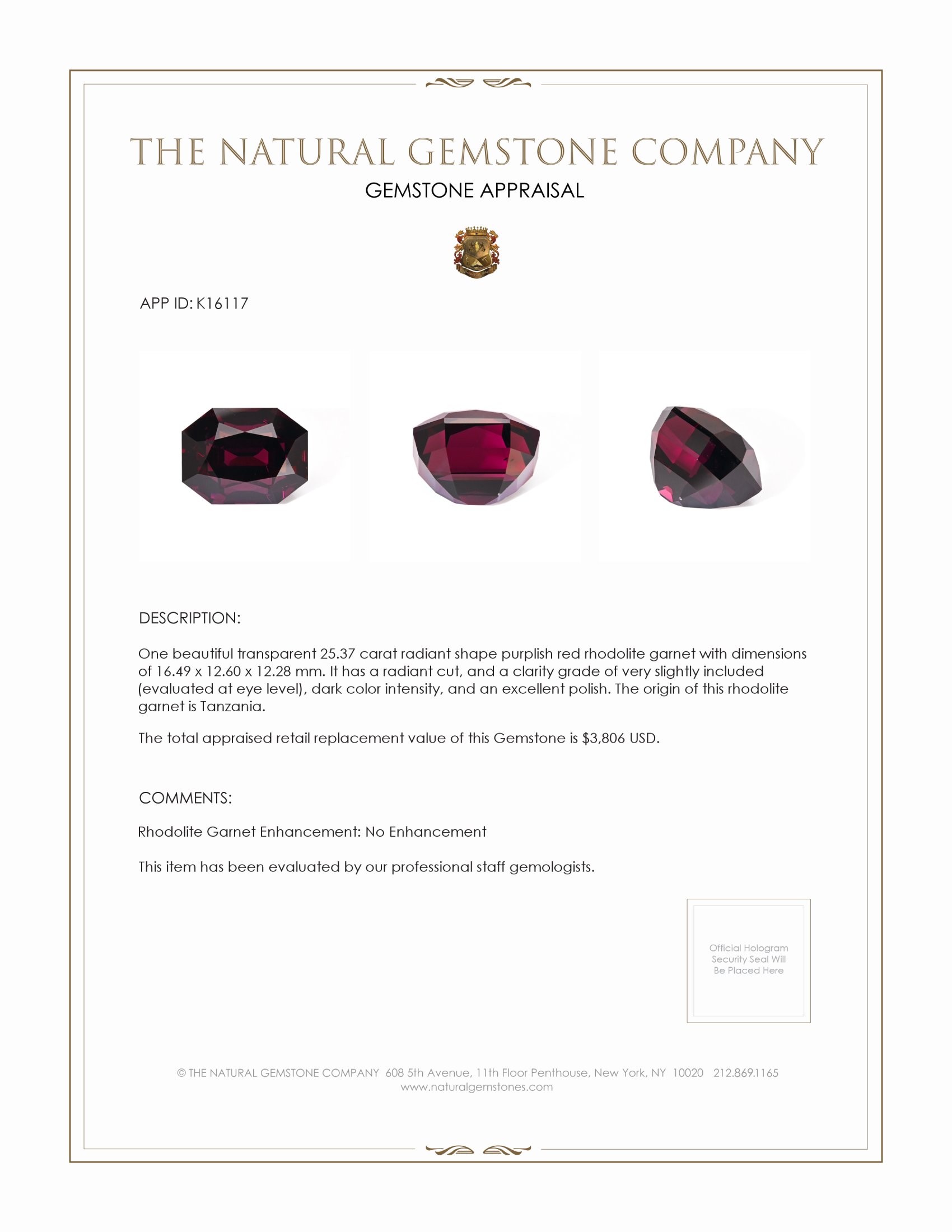 25.37 Ct. Rhodolite Garnet from Tanzania