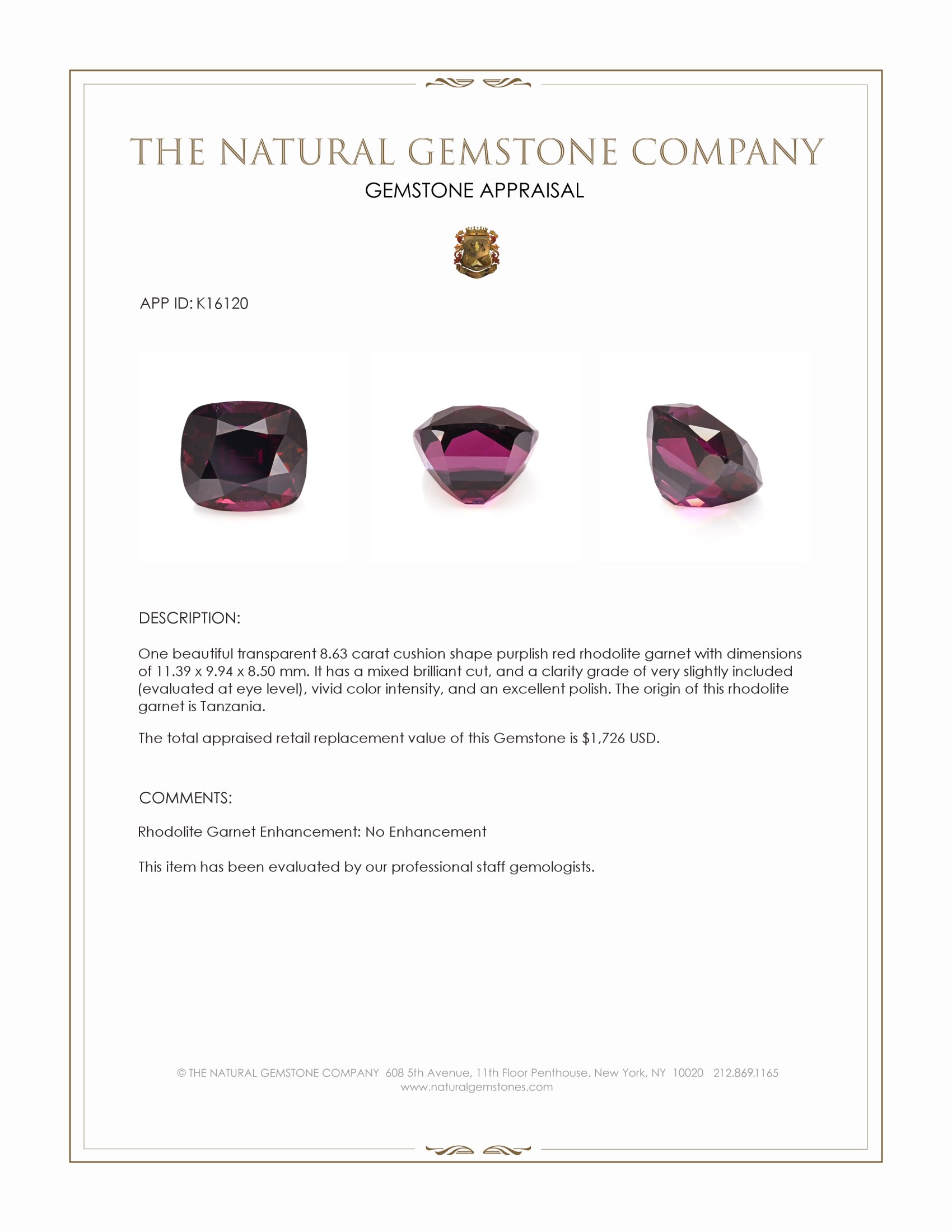 8.63 Ct. Purplish Red Rhodolite Garnet from Tanzania