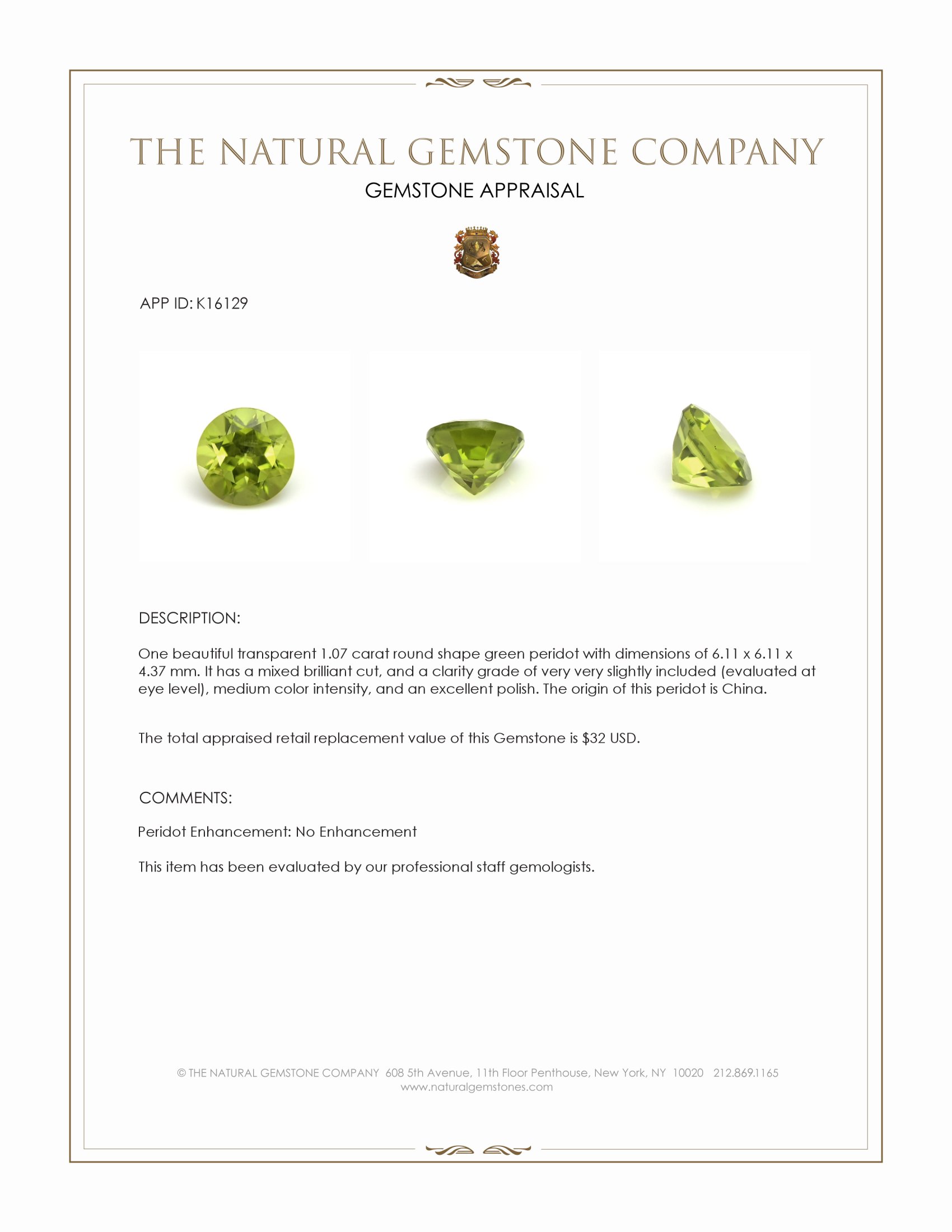 1.07 Ct. Green (Lime Green) Peridot from China
