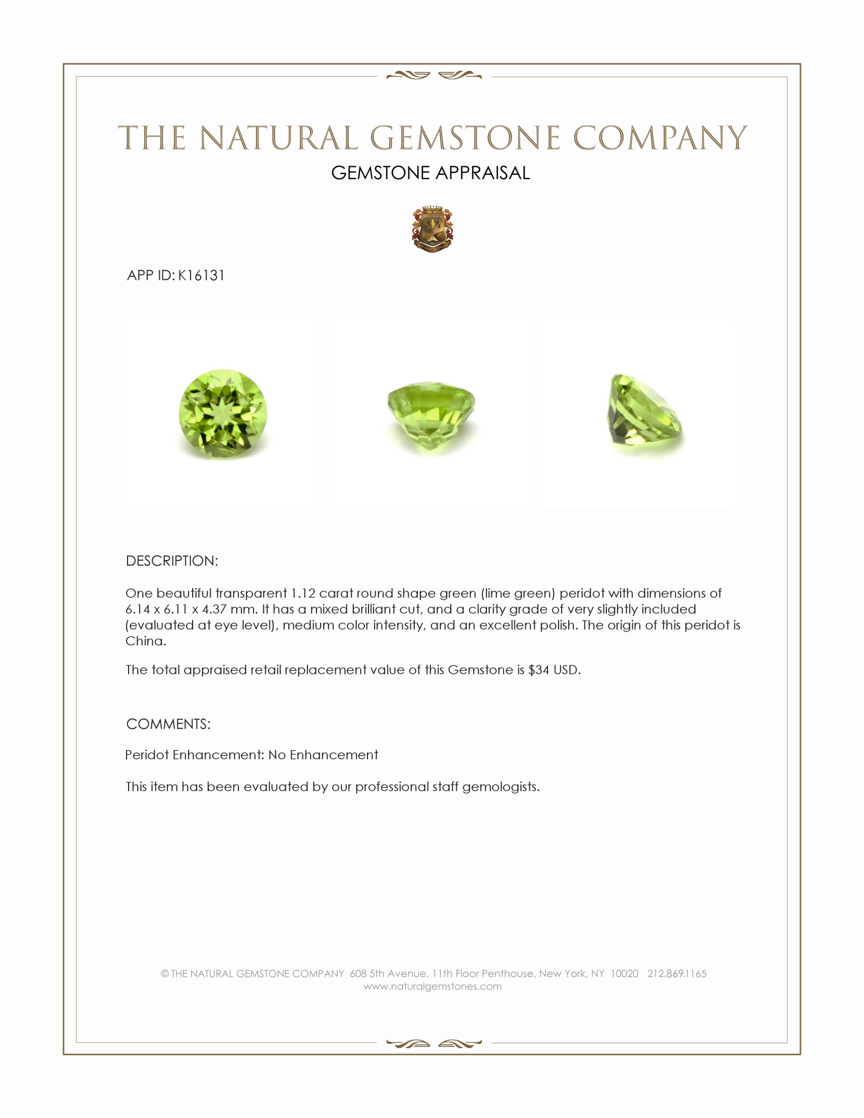 1.12 Ct. Green (Lime Green) Peridot from China